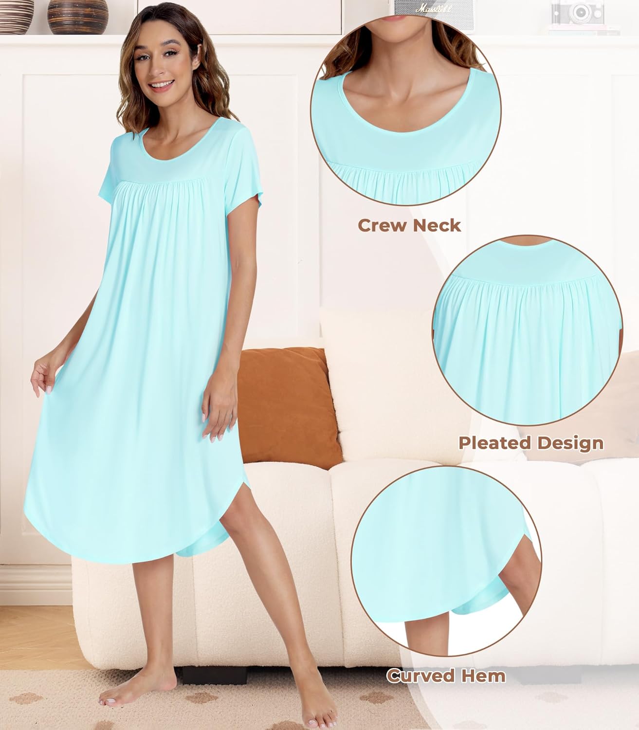 NACHILA Womens Nightgowns -Viscose Made from Bamboo,Soft Nightshirt Short Sleeve Sleepwear Pleated Sleepdress Cool Sleepshirt - Image 4