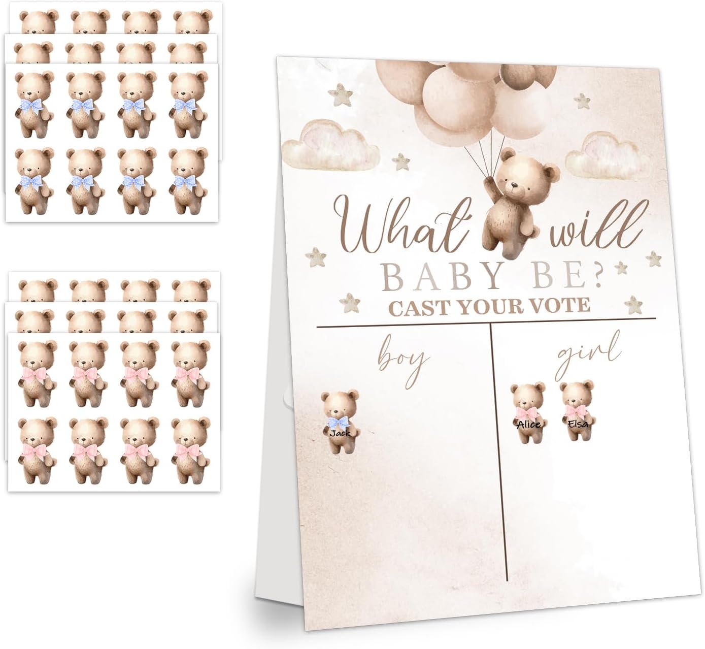 LNOKRIM Gender Reveal Party Games, Teddy Theme Baby Gender Reveal Voting Board Sign, 48 Boys Girls Teddy Voting Stickers, He or She, Baby Gender Reveal Party Decorations Games for Boy or Girl Shower