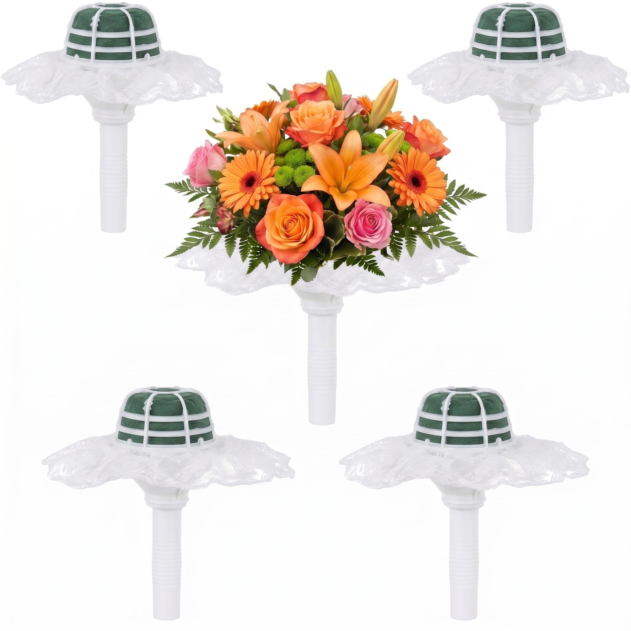 SUPVOX 5 Sets Wedding Floral Foam Bouquet Holders with White Lace Edge - Handheld Flower Handles for Bridal Posy and Fresh Flower Arrangements - DIY Wedding Floristry Supplies