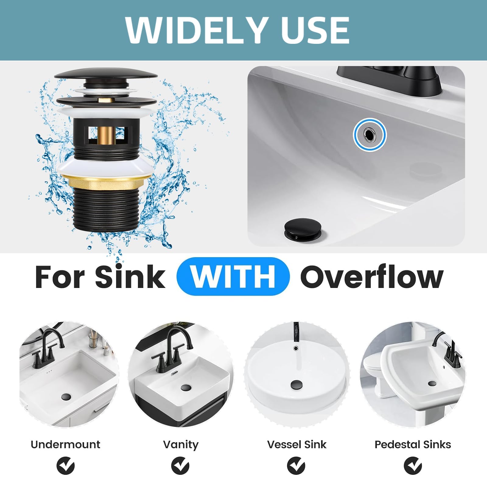Scarico Lavabo Bagno con Troppopieno, Piletta Bidet Click Clack Ottone Tappo di Scarico Lavabo Universal G1 1/4" Piletta Lavabo Bagno Valvola Pop Up per lavandino Bidet Vasca, Nero Opaco