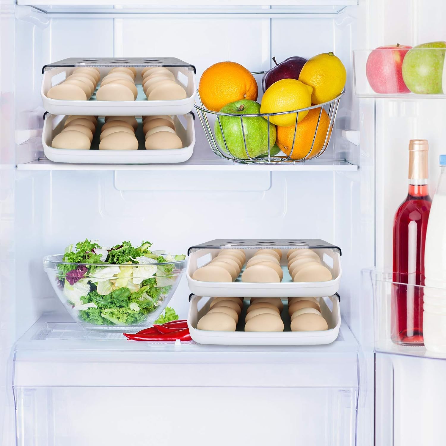 Qmpro Egg Holder Auto Scrolling Down for Refrigerator, Smart Stackable Antislip Deviled Egg Tray Food Container with Lid and Handle,Clear Plastic 21 Eggs (Grey Groove)