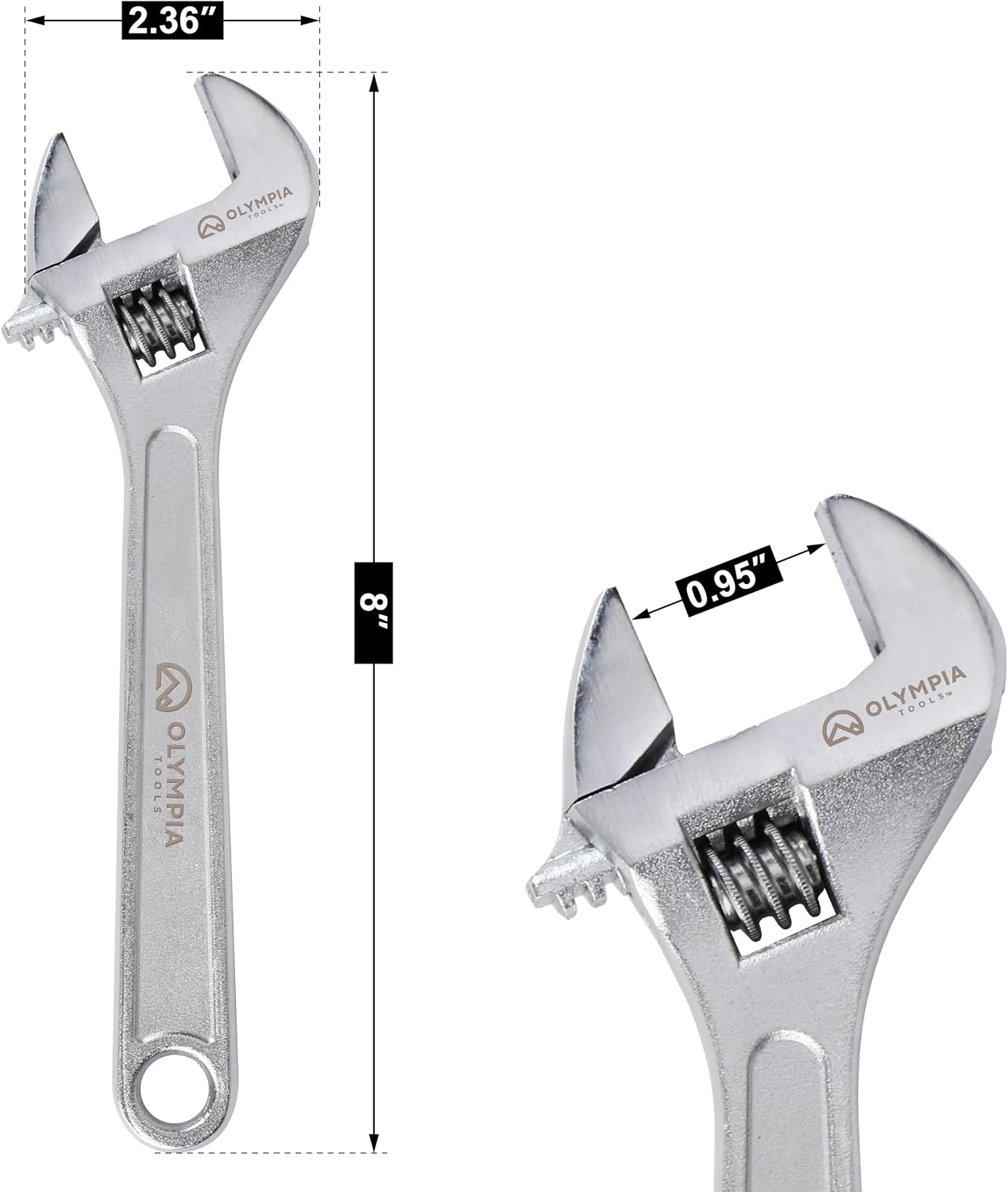 Olympia Tools 8" Adjustable Wrench, Heavy Duty Drop Forged Steel, Chrome Plated, Precision Machined Jaws, Rust Resistant image 2