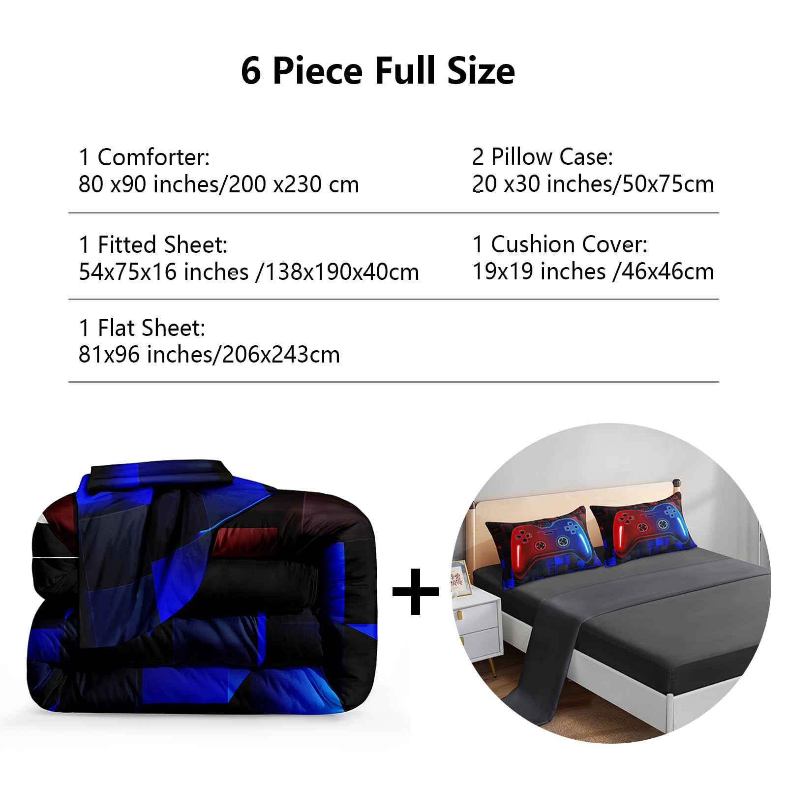 ROWADALO 6 Pieces Bed in A Bag Gamer Bedding Set for Boys Kids Adult Gaming Comforters Set,Boys Bed in A Bag Set Full Size Comforter with Fitted Shee Flat Sheet Pillowcase pillowsham,DJT-FX551-Full
