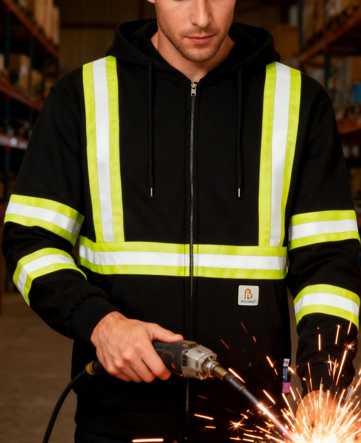 BOCOMAL FR Hoodies High Visibility 10.5oz Cottion Fleece Zipper Hi Vis Flame Resistant Reflective Hooded Sweatshirts - Image 2