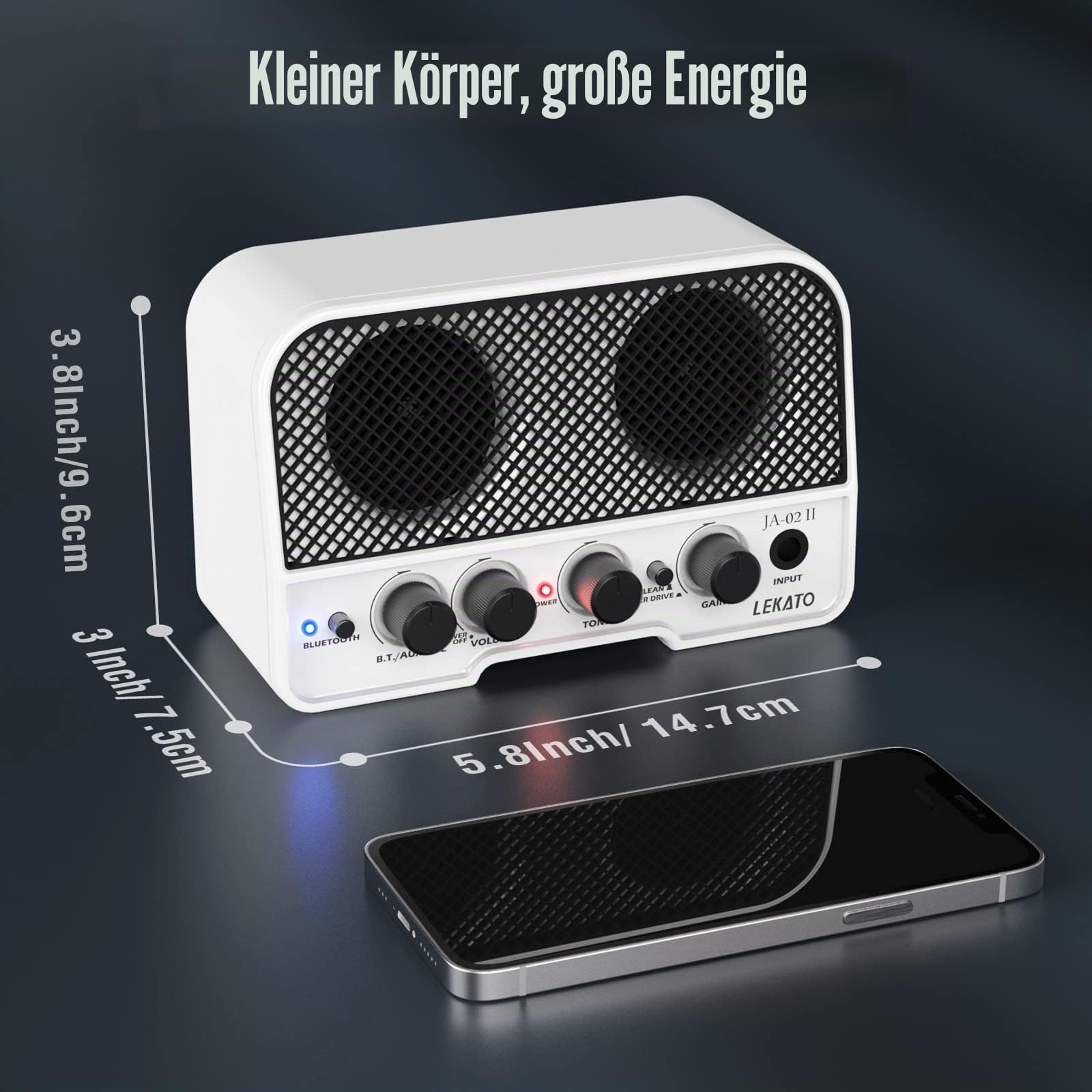 LEKATO 5W Mini Gitarrenverstärker JA-02 II, Tragbarer & Wiederaufladbarer E-Gitarrenverstärker Übungsverstärker mit Clean/Overdrive, Bluetooth 5.0, Kopfhörerausgang – Ideal für E-Gitarre (Weiß)