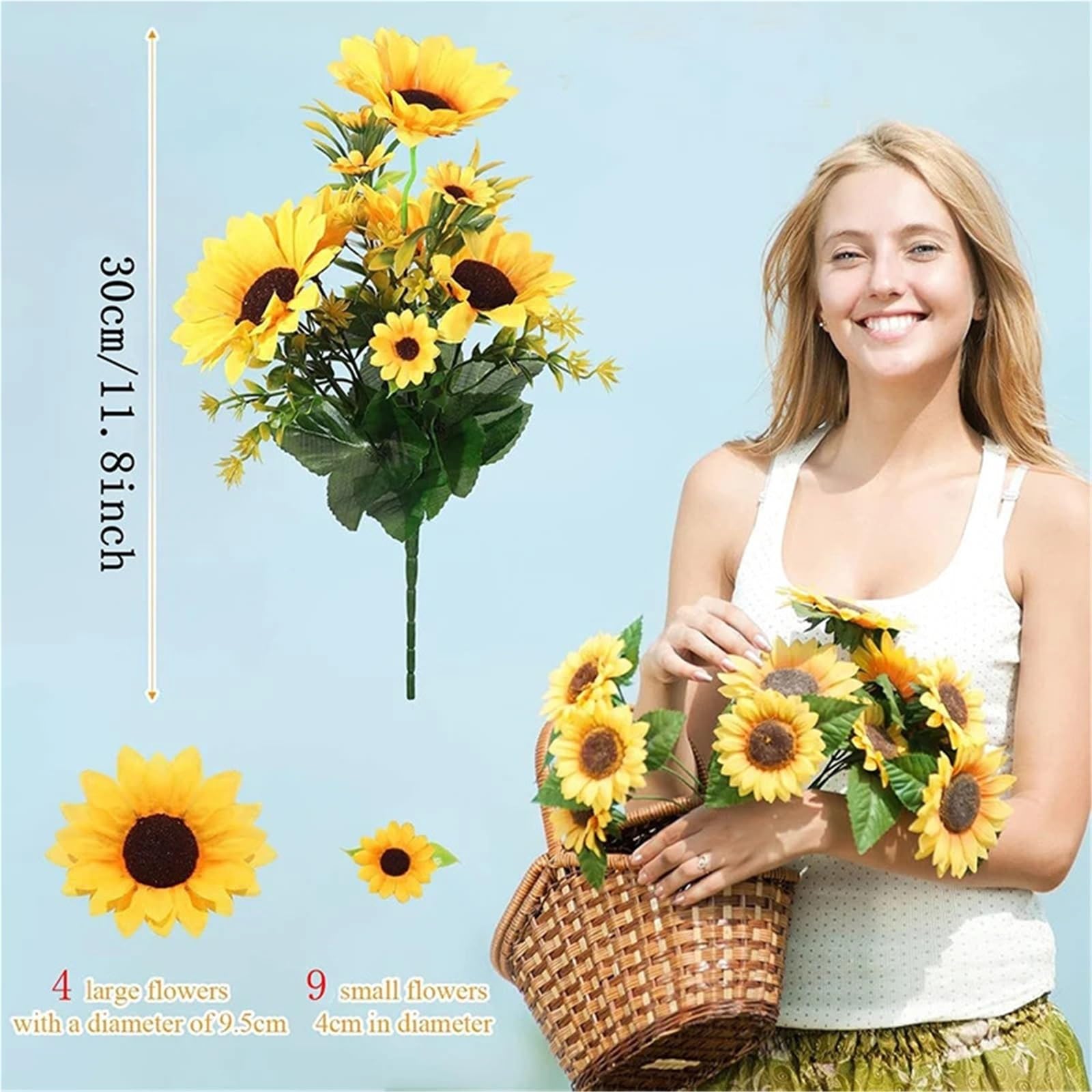 Künstliche Blumen, 10 Stück, 13 Köpfe, Sonnenblumen, künstlicher Blumenstrauß, 30 cm, Sträucher, künstliche Blumen für Garten, Zuhause, Zimmer, Hochzeit, Café, Geschäft, Party-Dekoration
