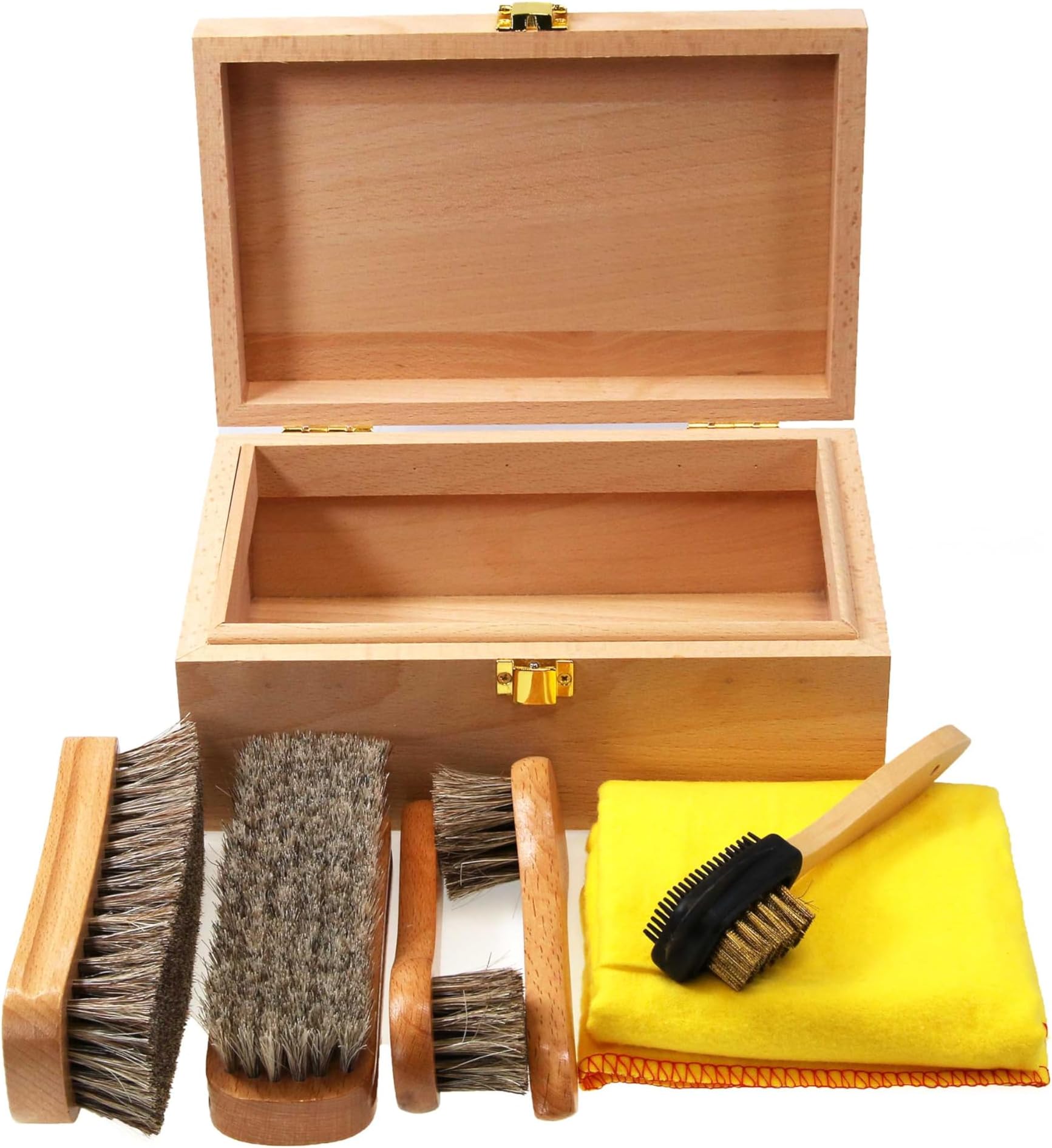 Beech Wood Shoe Valet Box Shoe Care Kit with Horsehair Brushes, No Polish