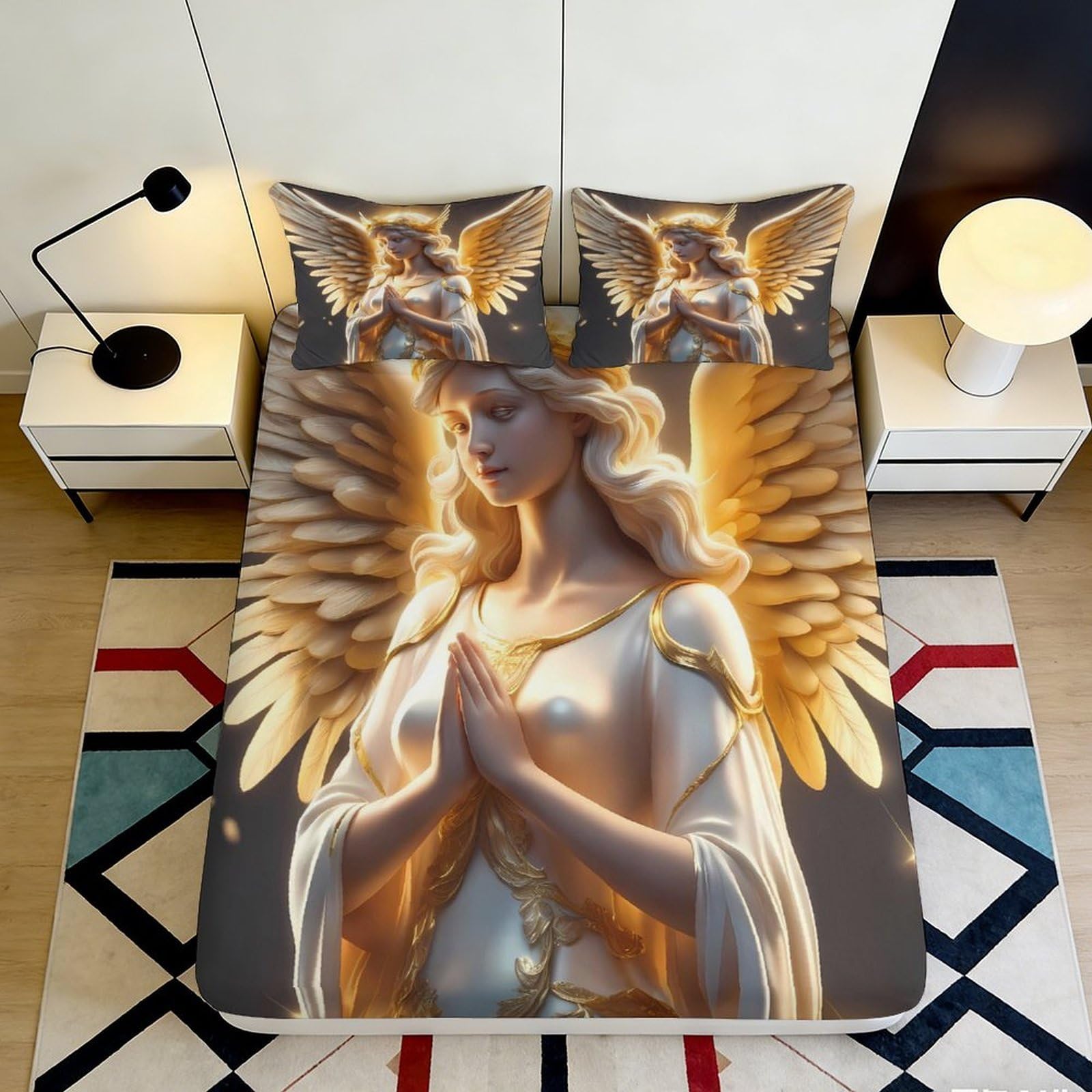 3D Printed Golden Angel Fitted Sheet Microfiber Soft Bed Cover for Bedroom Guest Room Dustproof Washable Decor 90x200x25cm
