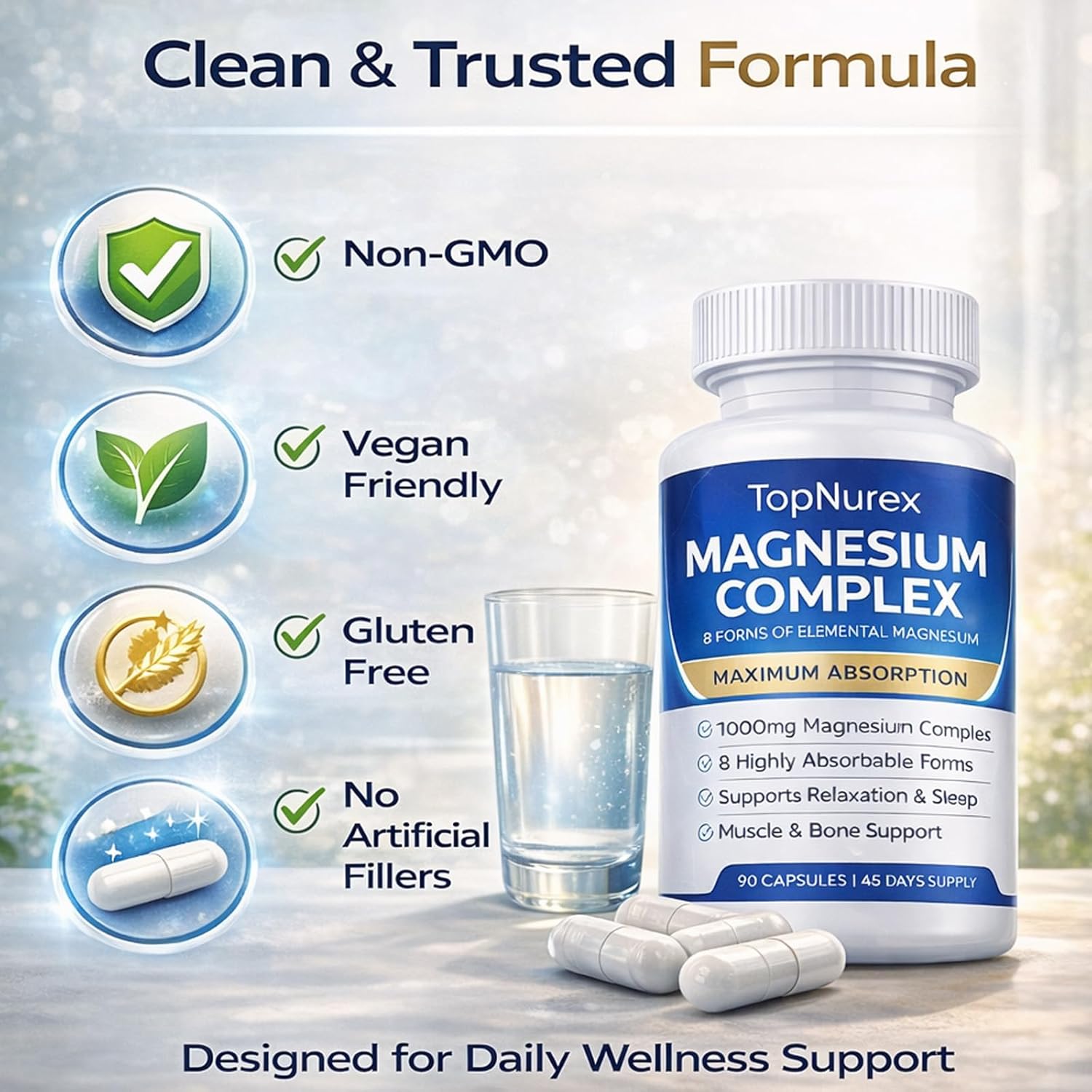 Top Nurex Magnesium Complex Supplement for Women & Men | 1000mg Maximum Absorption | 8 Magnesium Forms Including Glycinate, Citrate, Malate | Supports Relaxation, Sleep, Bone Strength | 90 Capsules