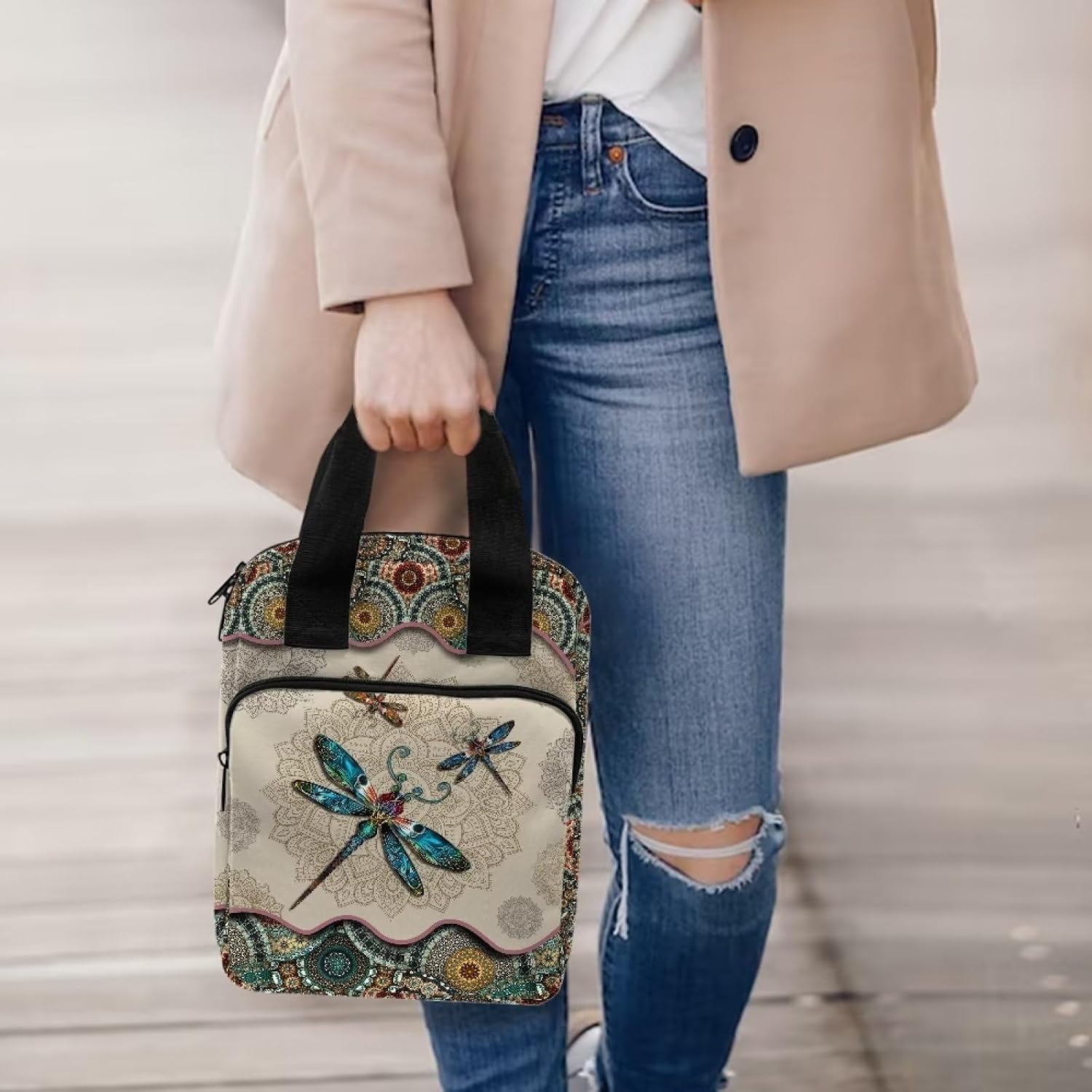 Xoenoiee Boho Flower Dragonfly Pattern Tote Bible Bag Bible Covers for Women Men Bible Case Bible Bag with Zipper Pockets Book Cover Carrying Case