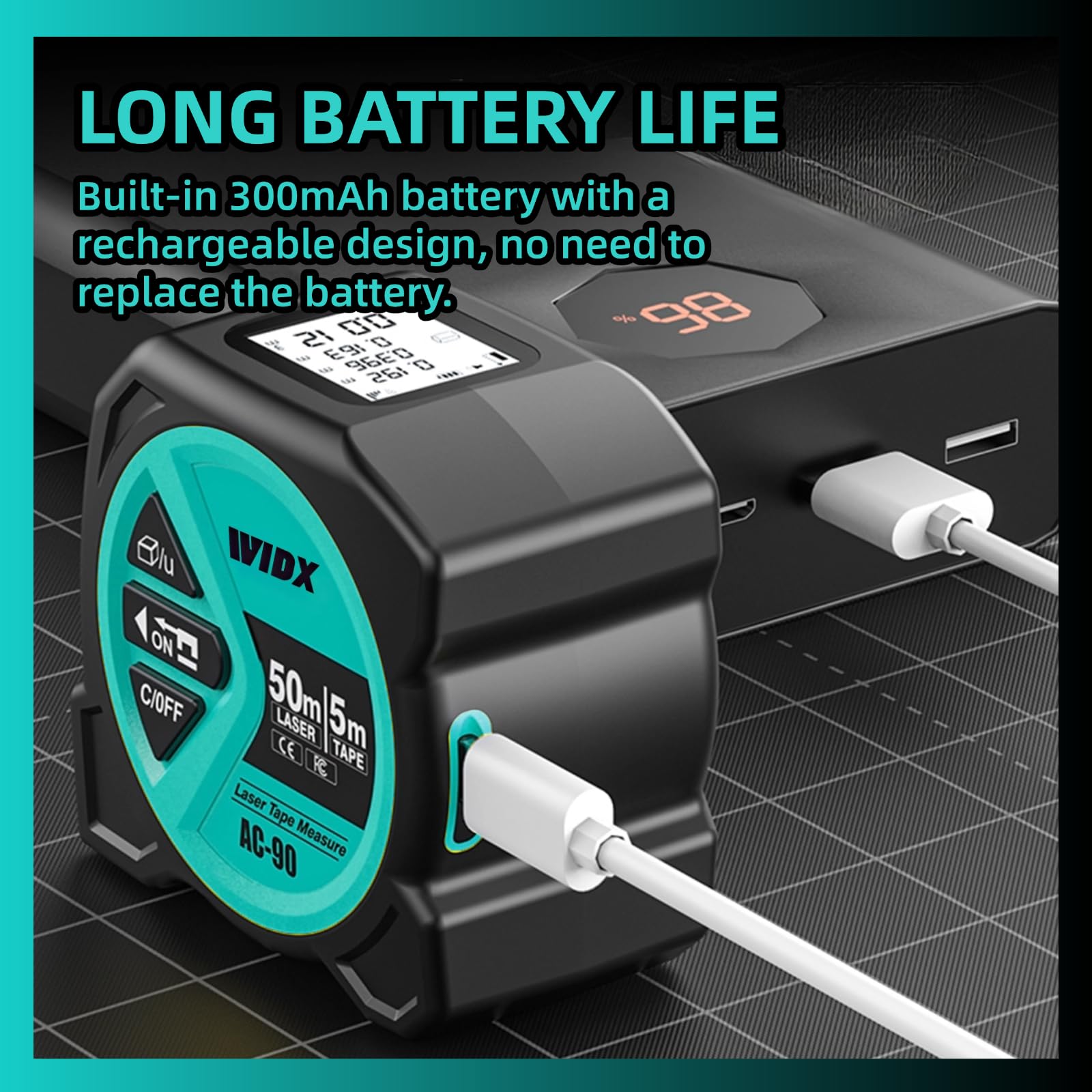 Cinta métrica láser 2 en 1, medición de distancia láser de 164 pies y cinta métrica de bloqueo automático de 16 pies con gancho magnético, pantalla LCD, unidad de pulgadas/pies/m, lineal/área/volumen