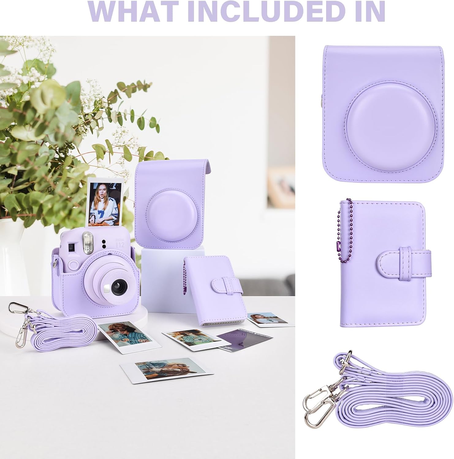 Fuji Mini 12 Camera Case with Album and Photo Frame, PU Leather Protective Case and Photo Frame Compatible for Instax Mini 12 Instant Camera with Adjustable Shoulder Strap - Purple image 3