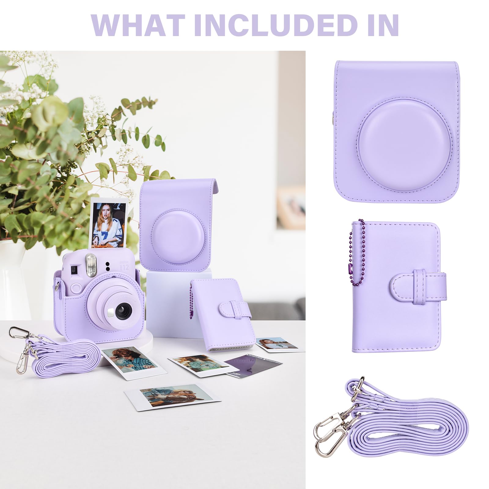 Estuche para cámara instantánea Compatible con Instax Mini 12, Bolsa de Cuero PU con Bolsillo, Correa Ajustable para el Hombro y Mini álbum de Fotos con 28 Bolsillos (Morada Puro)