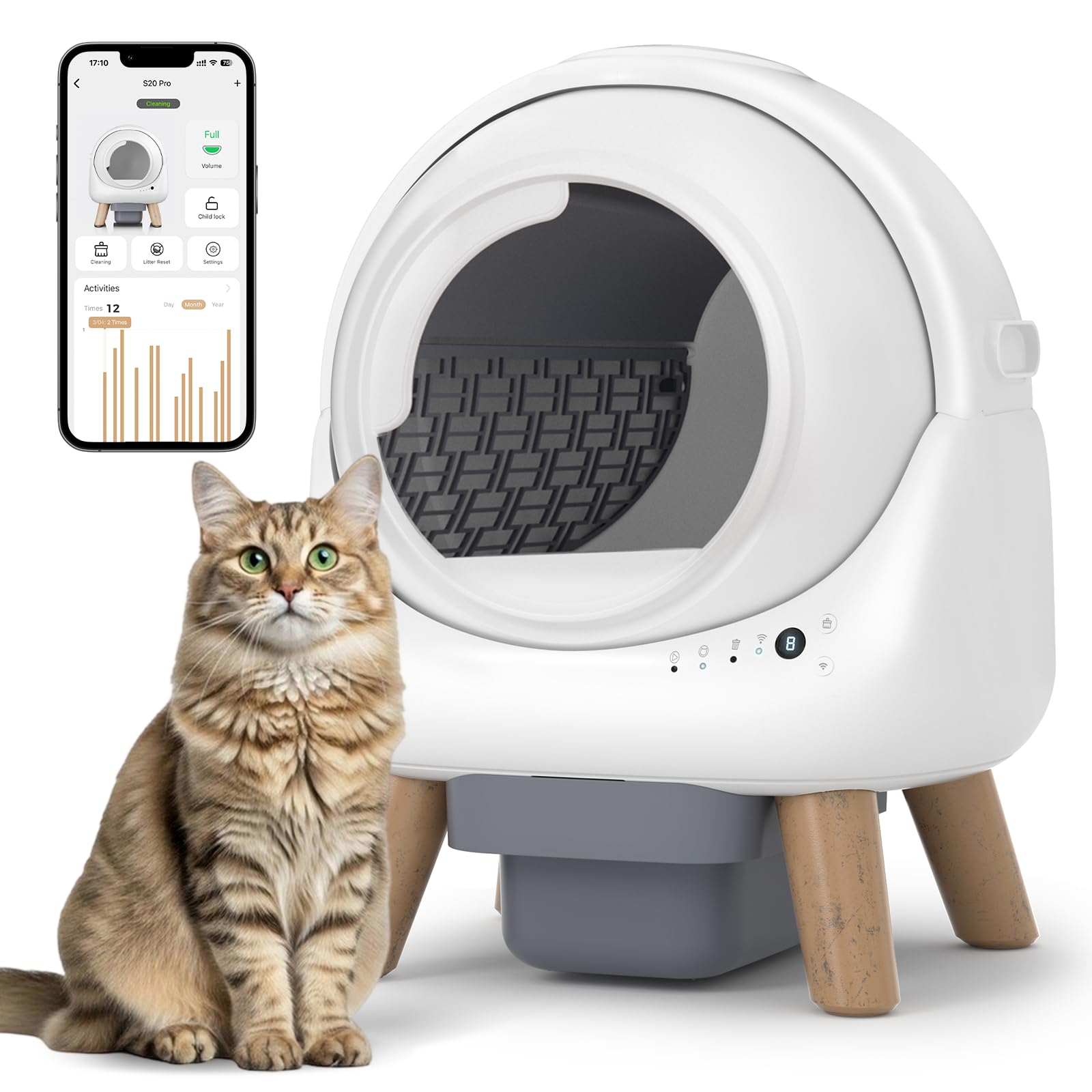 SHETAZ S20-Pro Automatic Self-Cleaning Litter Box with dimensions labeled