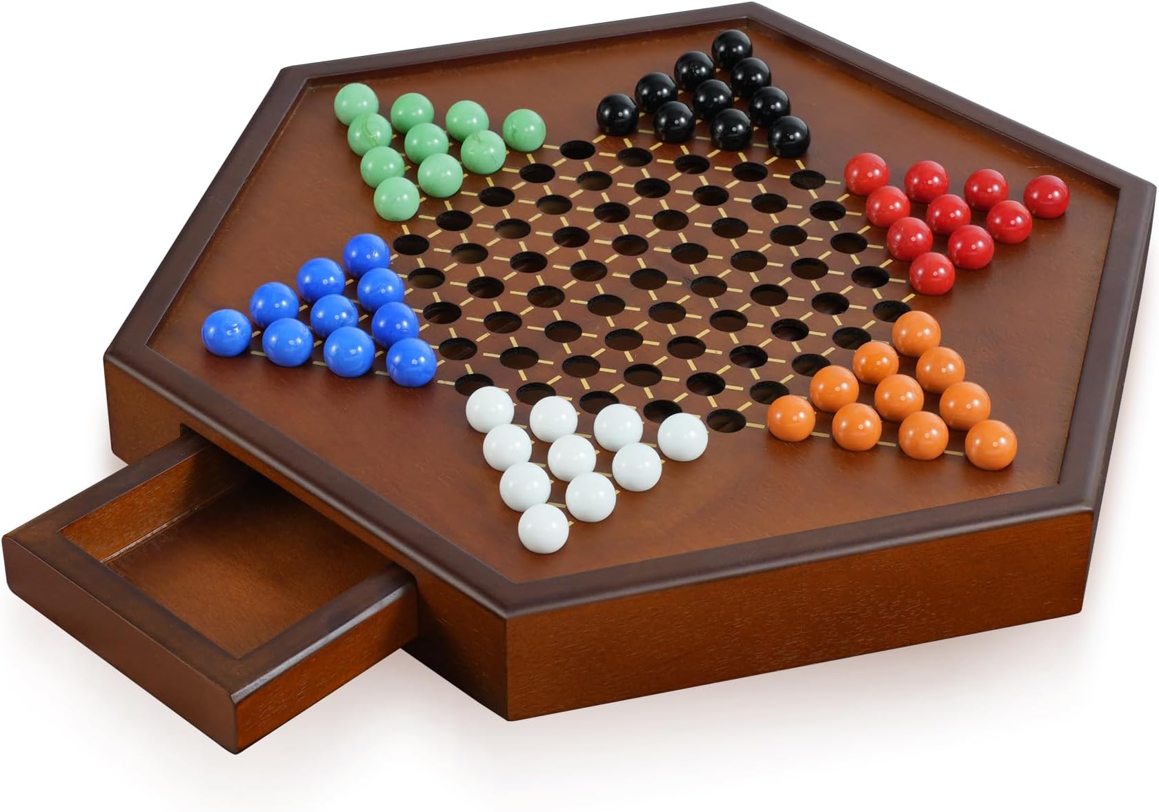Chinese Checkers 15" x 13" Large Wooden Checkers Board Game Includes 16mm 60+12 Colorful Glass Marbles,Classic Strategy Family Board Game for Adult,Walnut
