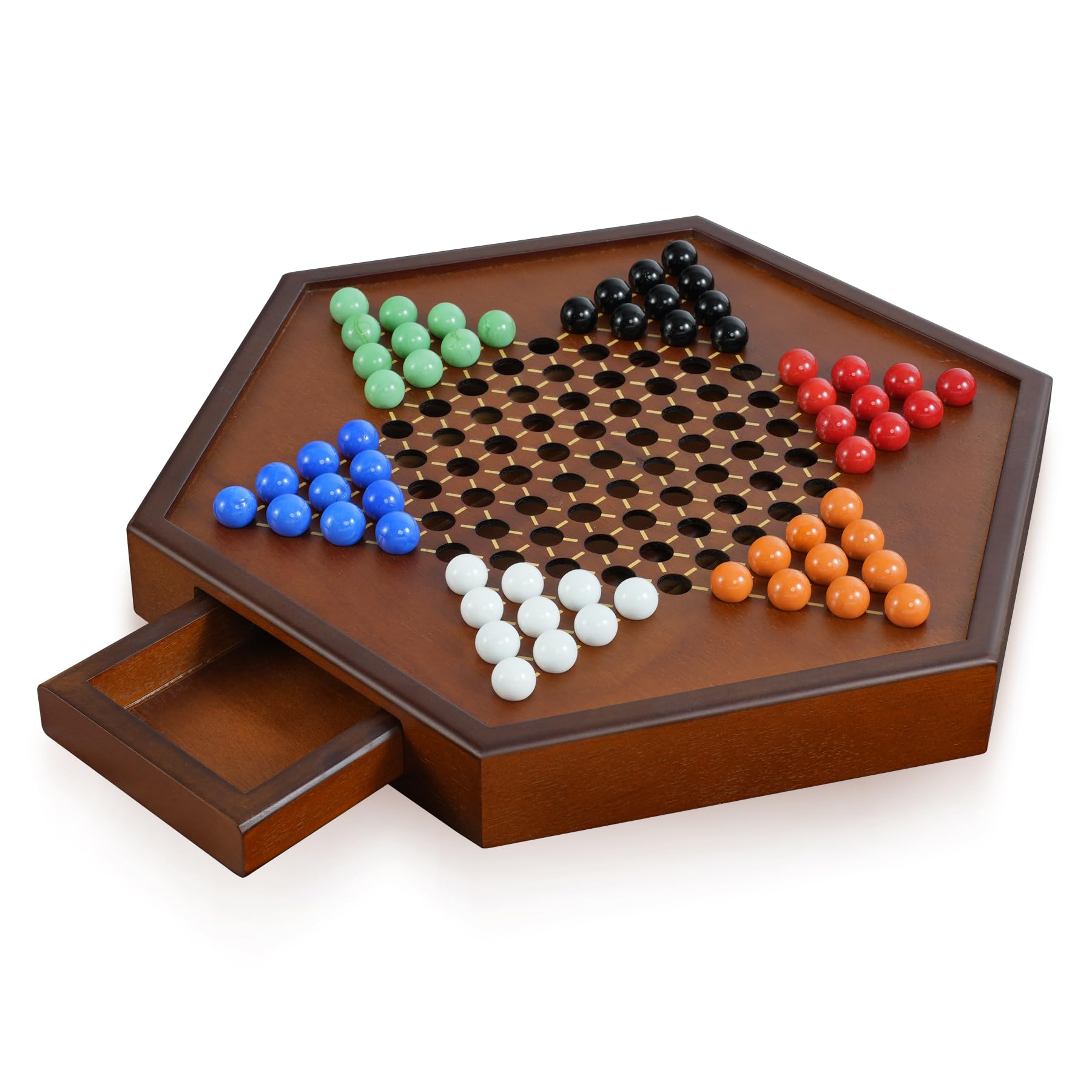 Chinese Checkers 15" x 13" Large Wooden Checkers Board Game Includes 16mm 60+12 Colorful Glass Marbles,Classic Strategy Family Board Game for Adult,Walnut