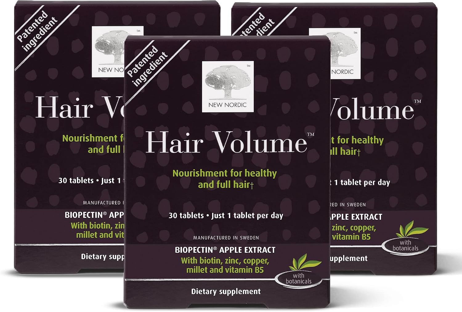 NEW NORDIC Hair Volume Tablets | 3000 mcg Biotin & Biopectin Apple Extract | Supports Natural Hair Growth for Thicker, Fuller Hair | Men and Women | 30 Count (Pack of 3)