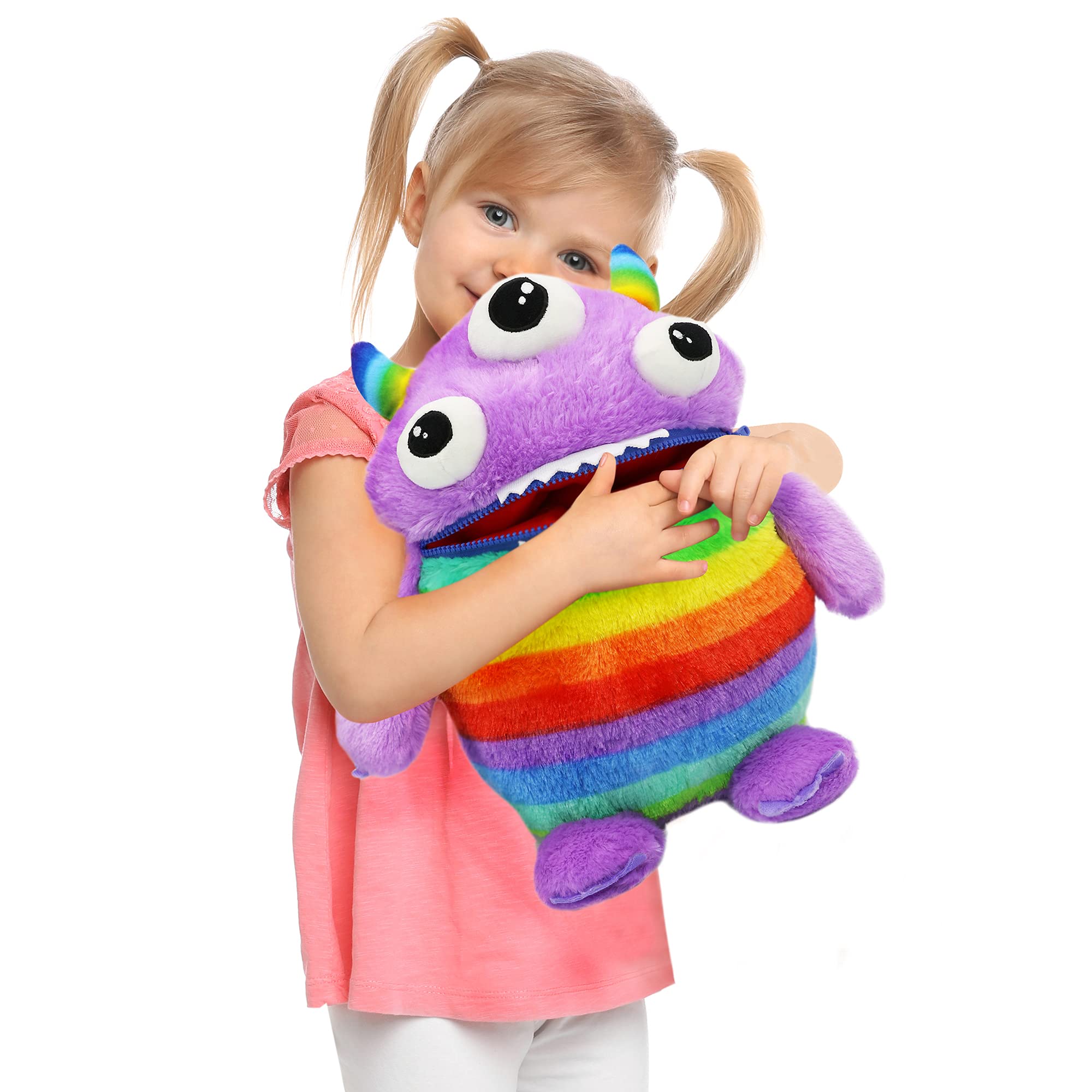 I LOVE FANCY DRESS Worry Yummy Monster Childrens Soft Toys 15 Inches (38 Cm) Tall - Loves Eating Your Worries - Purple Zipper