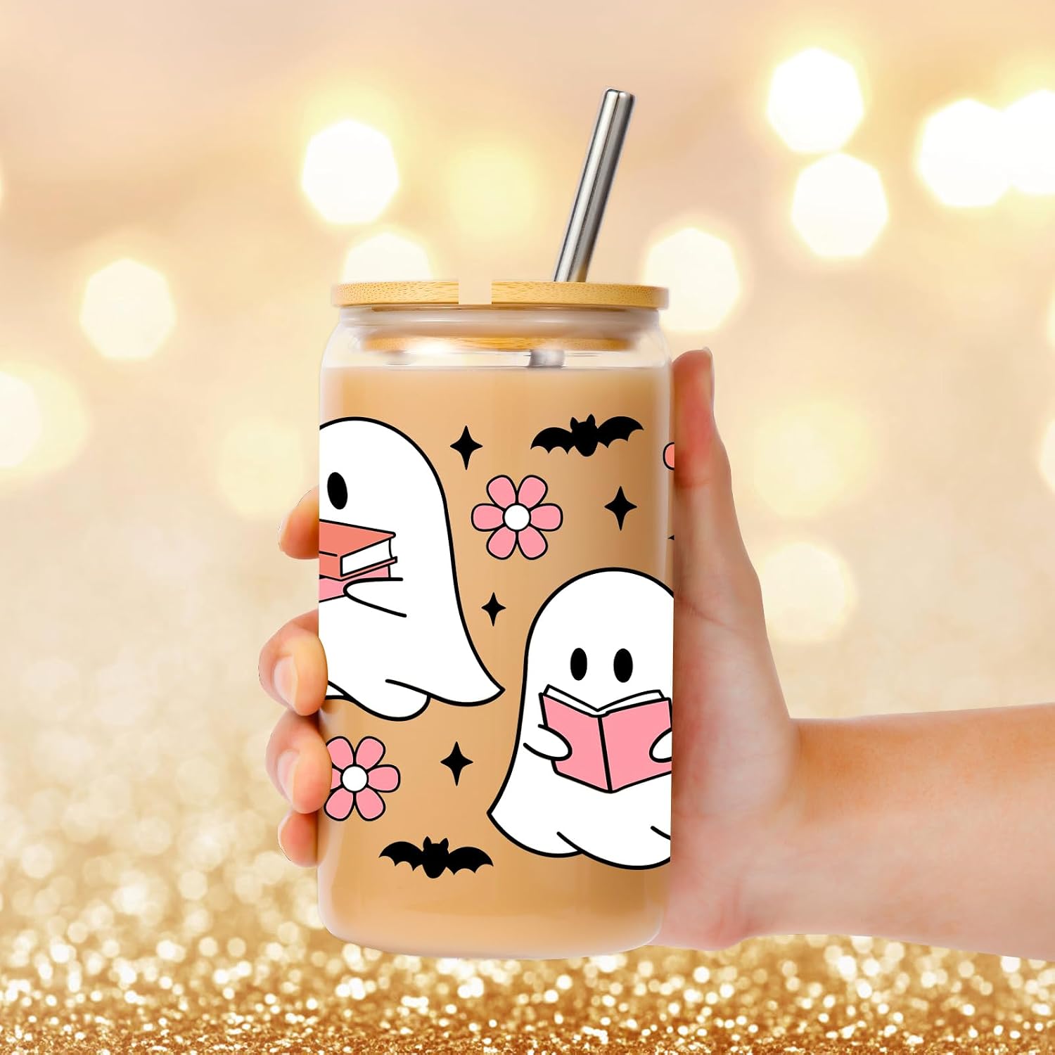 Halloween Ghost Cup - Cute 16oz Iced Coffee Cup with Lid & Straw, Spooky Gifts for Book Lovers, Readers & Librarians