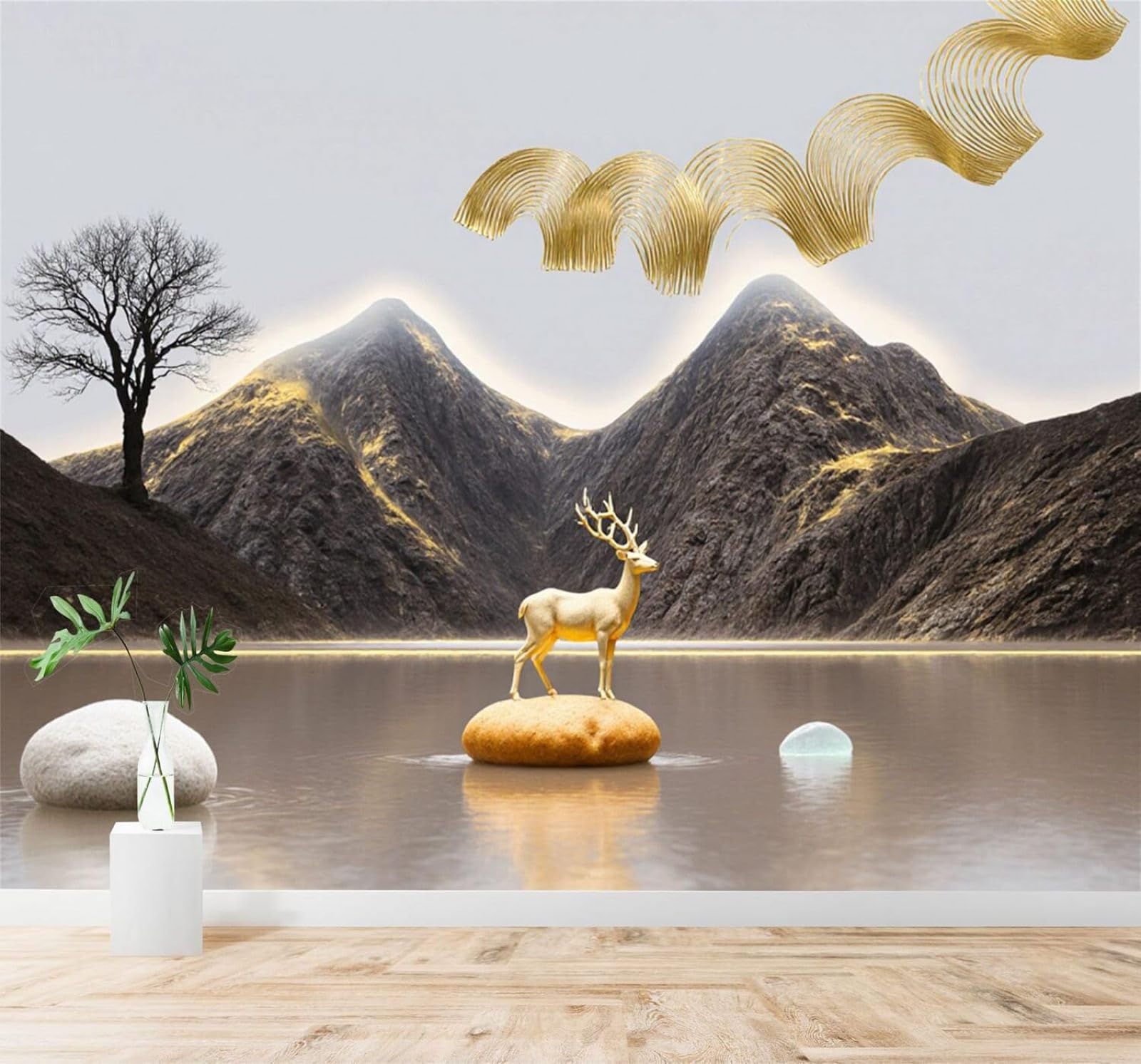 XLMING Minimalist Golden Deer Mountain Peaks Lakes Trees 3D Wallpaper Premium Textured Silk Study Dining Living Room Bedroom Sofa TV Wall Easy Install-200cm×140cm