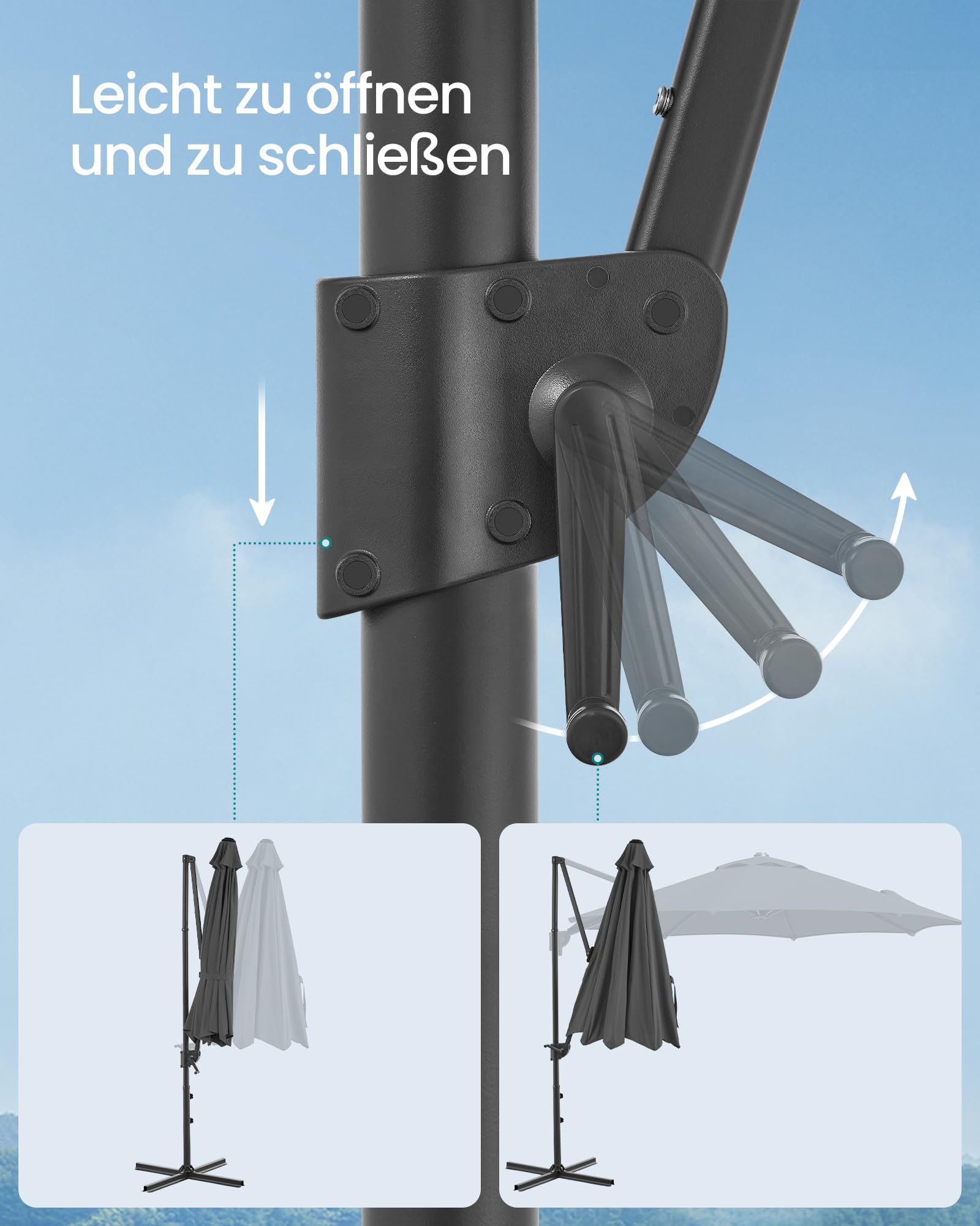 SONGMICS Sonnenschirm, Ampelschirm, 300 cm, UPF 50+, Gartenschirm, um 360° drehbar, Neigungswinkel stufenlos verstellbar, mit Kurbel, Kreuzfuß, grau GPU074G02
