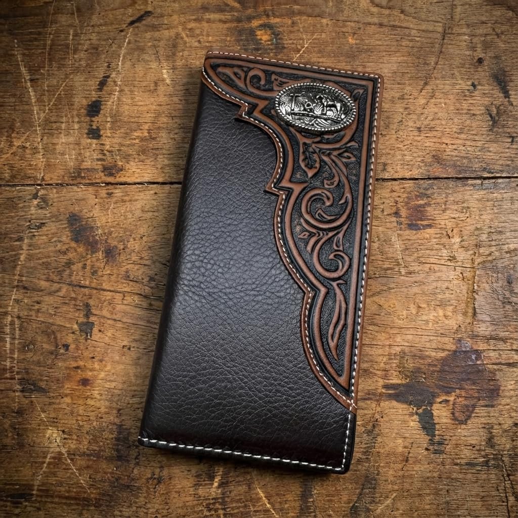 Men's Long Leather Wallet – Western Tooled Bifold Checkbook Organizer with Cowboy Concho (Cowboy Praying, Brown)