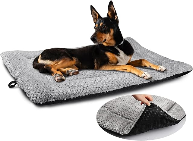 ASIJIA Large Dog Bed Washable Cat Bed Fluffy Dog Mat with Non Skid Bottom Dog Crate Mattress for Medium and Large Pets, Grey Dog Bed for Car Floor Dog Crate, 90 x 58cm