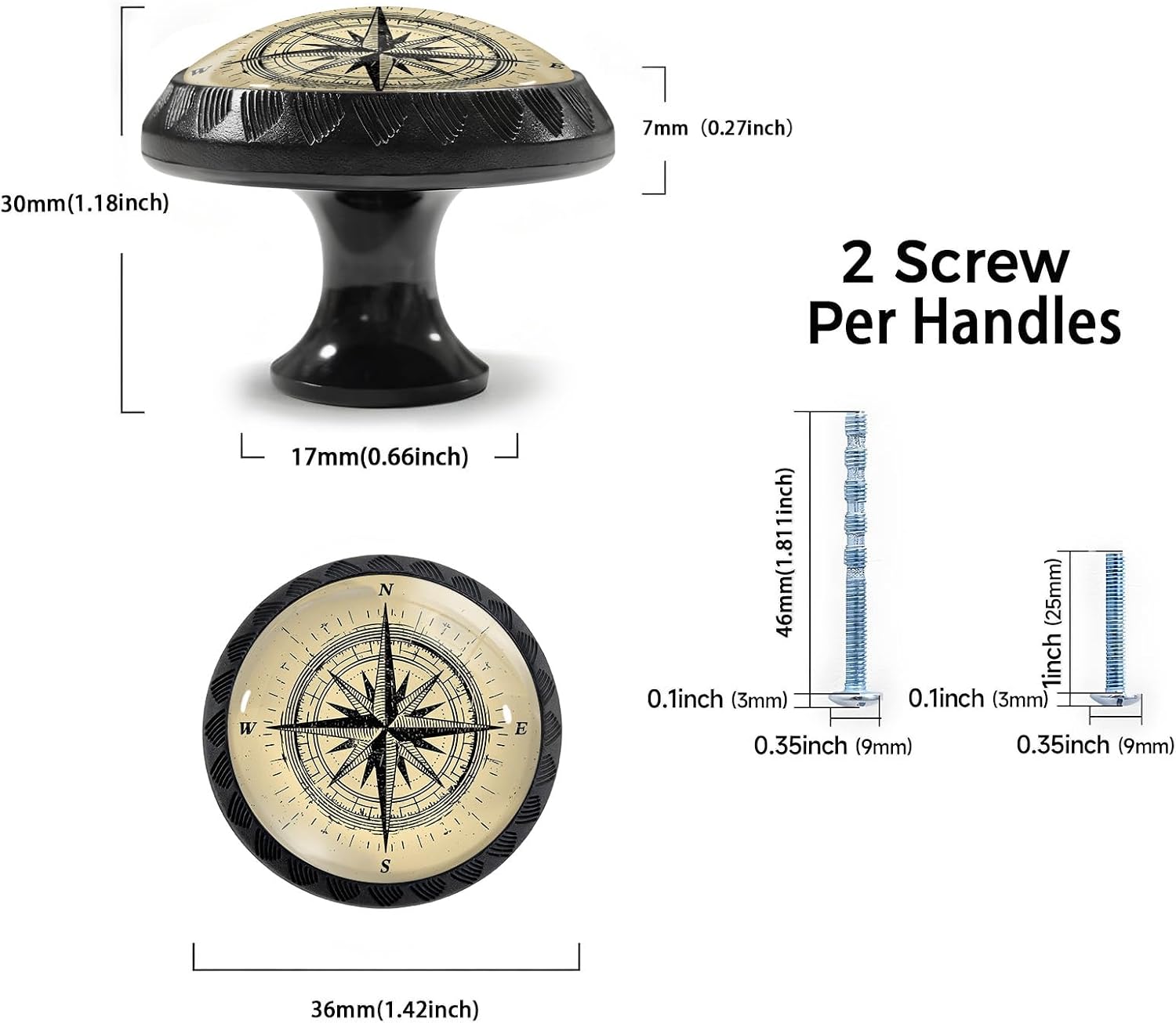 4 Pack Retro Nautical Compass Cabinet Knobs for Kitchen Bathroom | Drawer Pulls Round Black Dresser Handles Hardware for Desk Cupboard Wardrobe Closet Vanity Door Decor