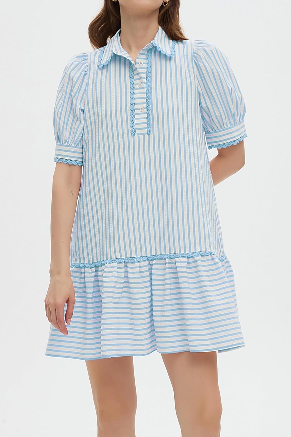 Striped Dress for Women Collared Short Puff Sleeve Ruffle Hem Summer Tunic Flowy Shirt Mini Dress - Image 6
