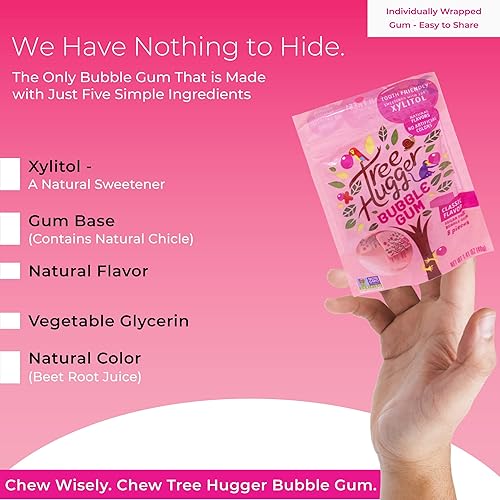 Miniatura 3 de Tree Hugger Chicle clásico endulzado con xilitol 100% respetuoso con los dientes, 1.4 onzas / 8 piezas por bolsa (paquete de 12 bolsas)