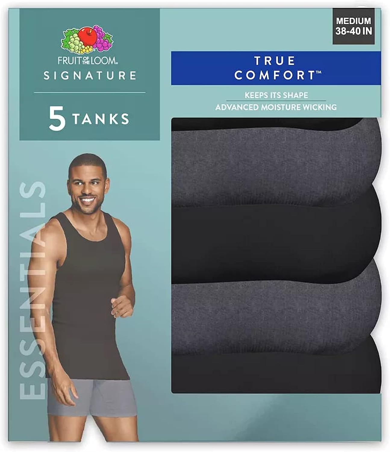 Fruit of the Loom Mens Essentials 5-Pack Pure Comfort Tanks, XL, Assorted
