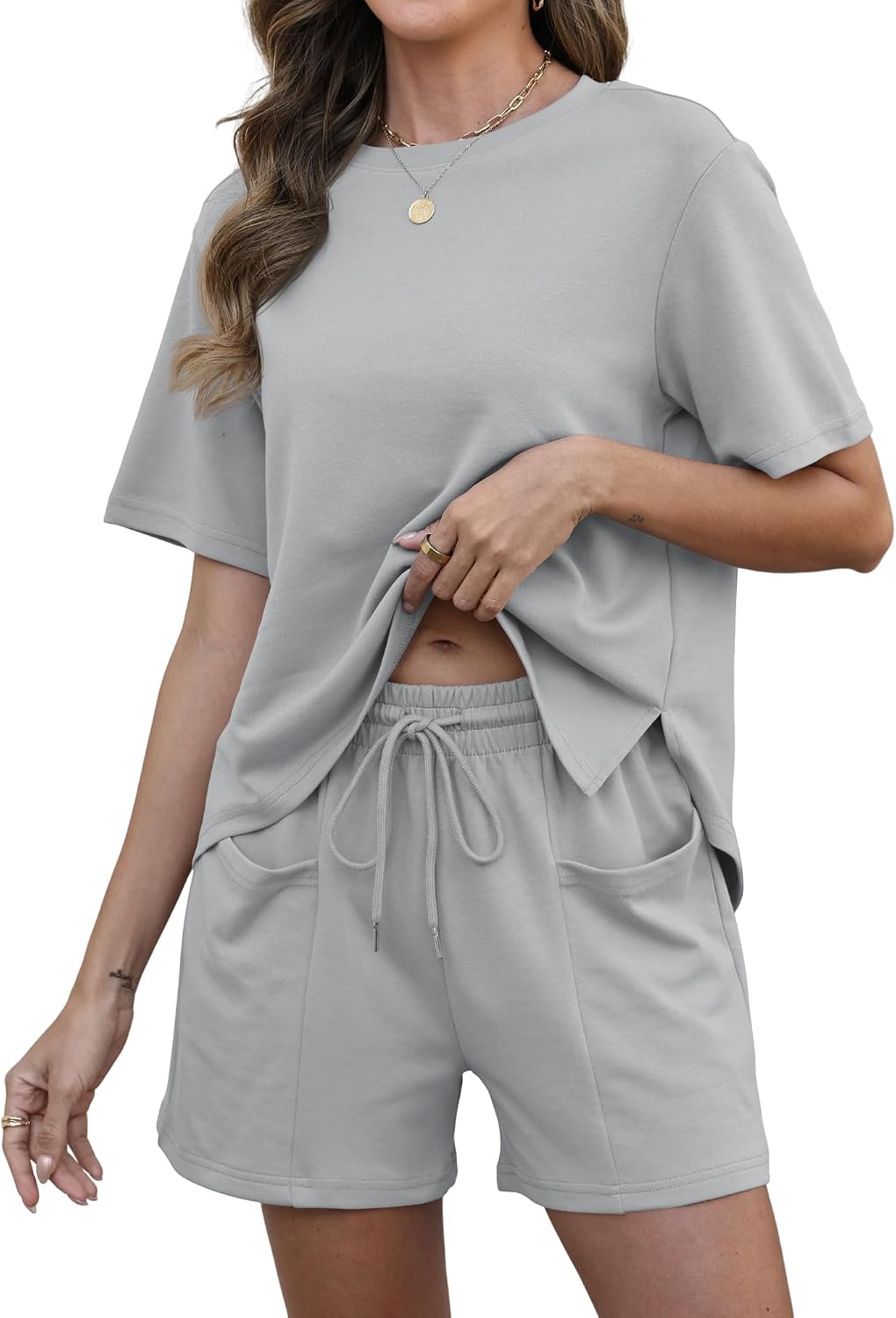 2 Piece Sets for Women Summer Lounge Short Sets Crew Neck Solid Top Shorts with Pockets Travel Vacation Outfit