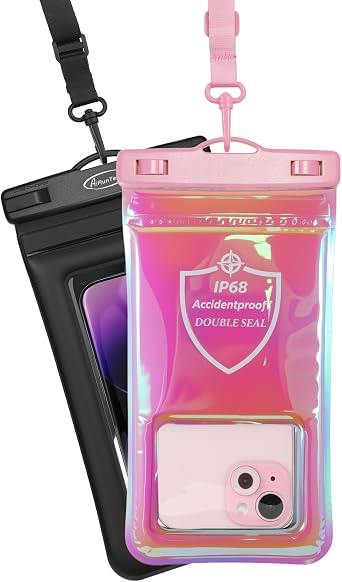 AiRunTech Waterproof Phone Pouch,Double Seal Floating Phone Case for Swimming Kayak Paddle Board,Protector iPhone 17 16 15 14 13, River Lake Canoe Boating Beach AccessoriesIridescent Pink+Black