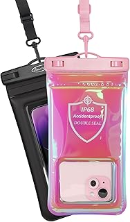 AiRunTech XL Waterproof Phone Pouch,Double Seal Floating Phone Case for Swimming Kayak Paddle Board,Protector iPhone 17 16 15 14 13, River Lake Canoe Boating Beach Accessories(Iridescent Pink+Black)
