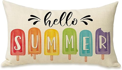 Fahrendom Hello Summer - Funda de almohada rectangular decorativa lumbar de 12 x 20 pulgadas, diseño de helados, porche, patio, exteriores, funda de