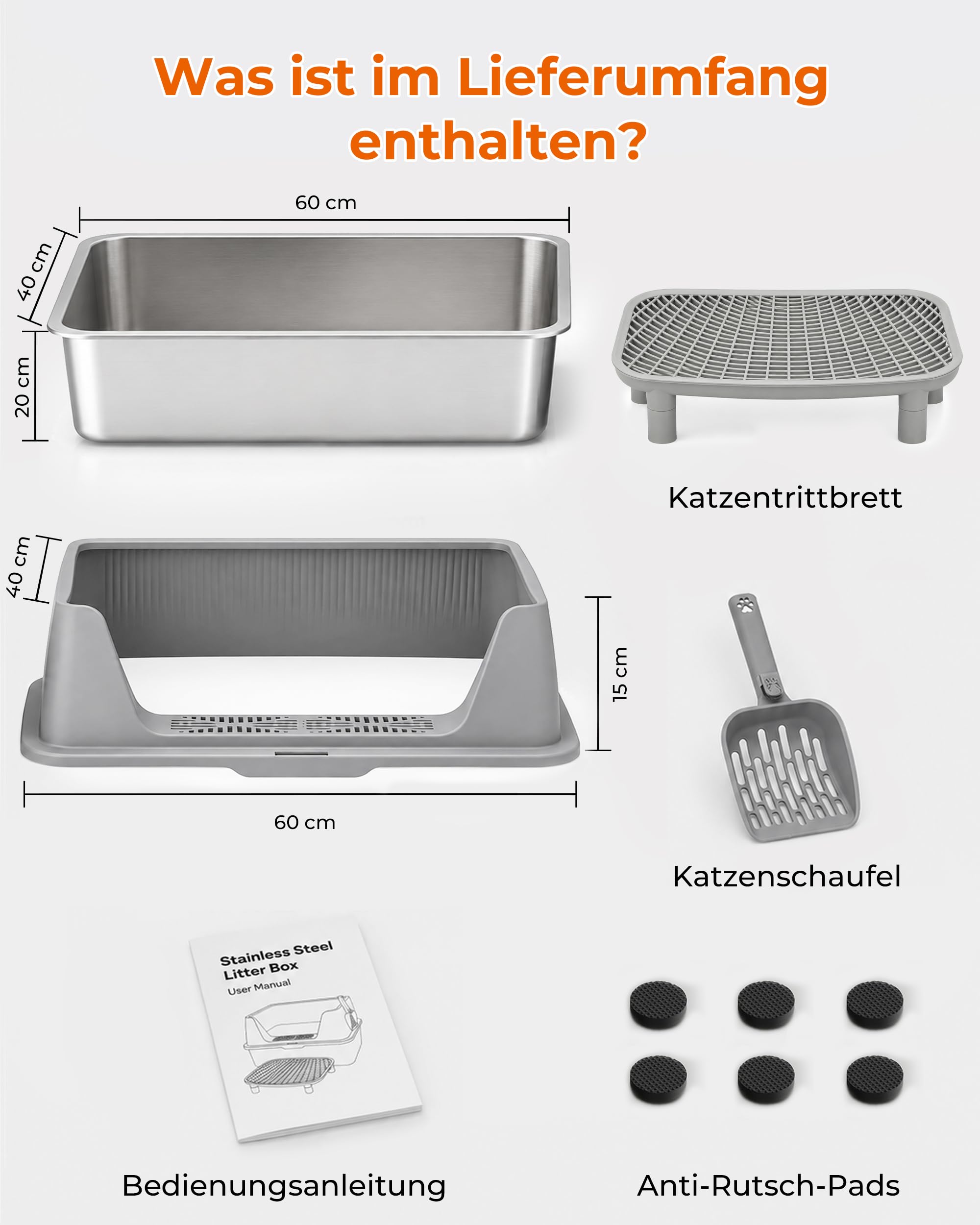 Katzenklo Edelstahl XXXL mit Hoher Rand (60x40x35cm) 42L