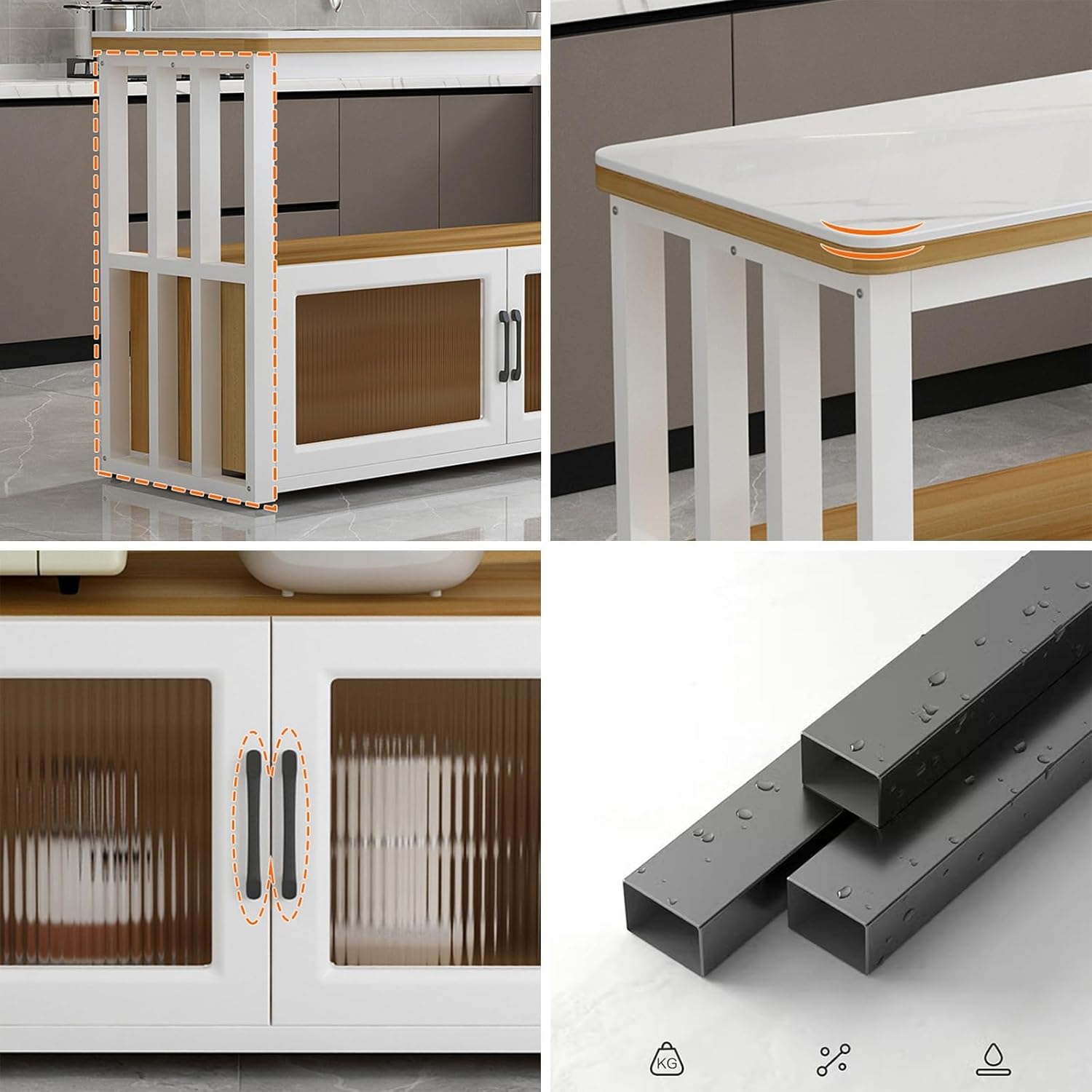 Commercial Workbench Kitchen Chopping Table Prep Table Floor-to-ceiling Multi-Tier Organizer Shelf Glass Door Cabinet Kitchen Large Storage Table Metal Frame Sturdy and Stable