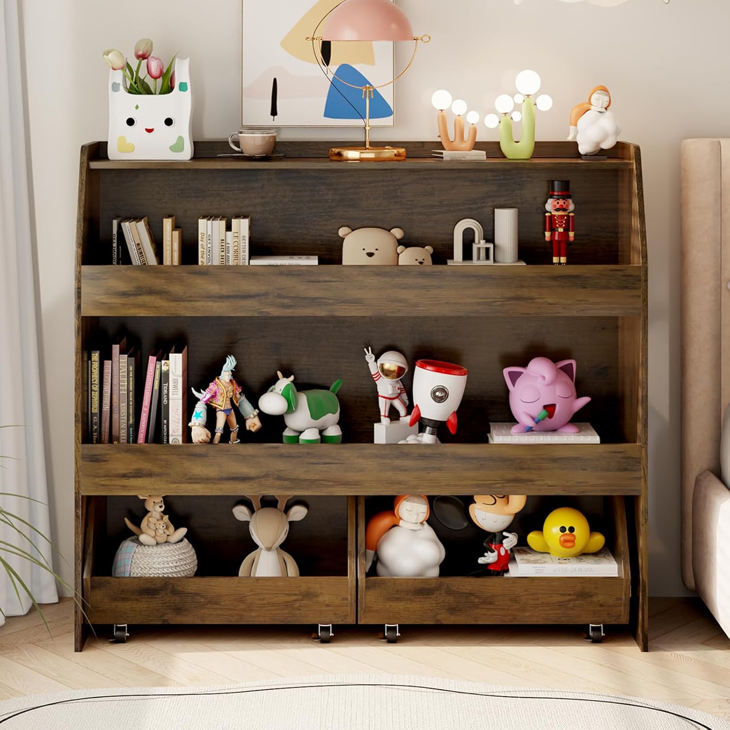 COZPAW Toy Storage Organizer, 3 Tier Montessori Shelf with Movable Bins (Brown)