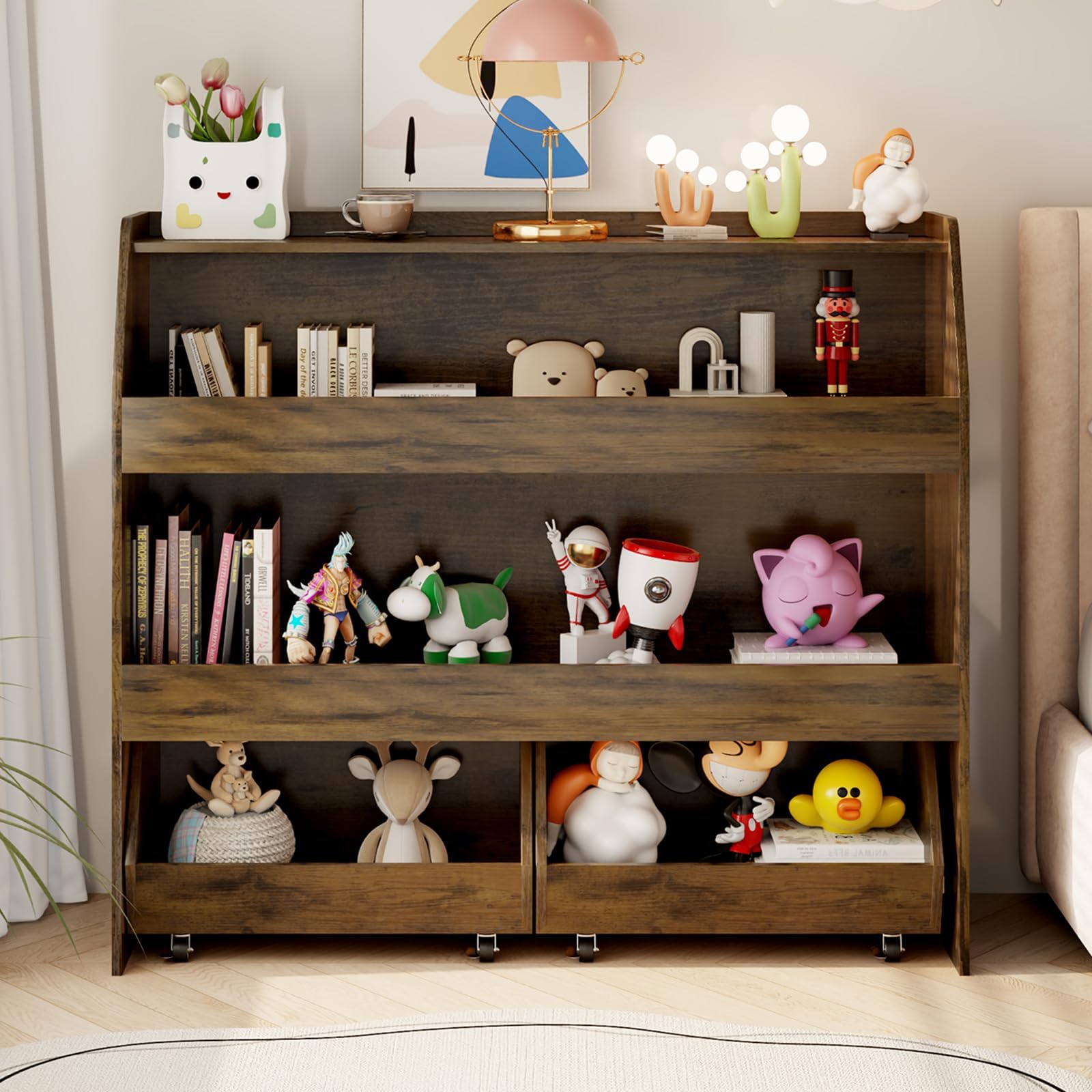 COZPAW Toy Storage Organizer, 3 Tier Montessori Shelf with Movable Bins, Toy Organizers Book Shelf for Kids Room, Playroom, Nursery (Brown)