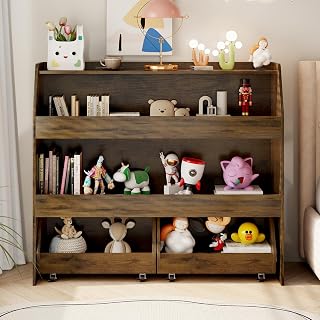 Toy Storage Organizer, Kids Bookshelf and Toy Storage with 2 Drawer Bins, Baby Toy Organizer Toddler Bookshelf for Living Room, Kid's Room, Playroom, Nursery (3T03-Brown)