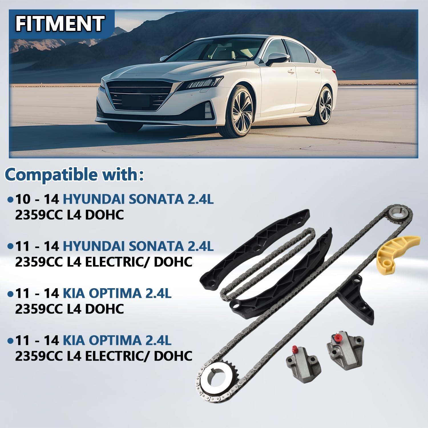 Engine Timing Chain Kit With VVT Gear, Water Pump Oil Pump Gear, Tensioner, Guide Rail for Hyundai Sonata 2010-2014, for Kia Optima 2010-2014, G4KH G4KC L4 2.4L, 24322-2G11 24321-2G111