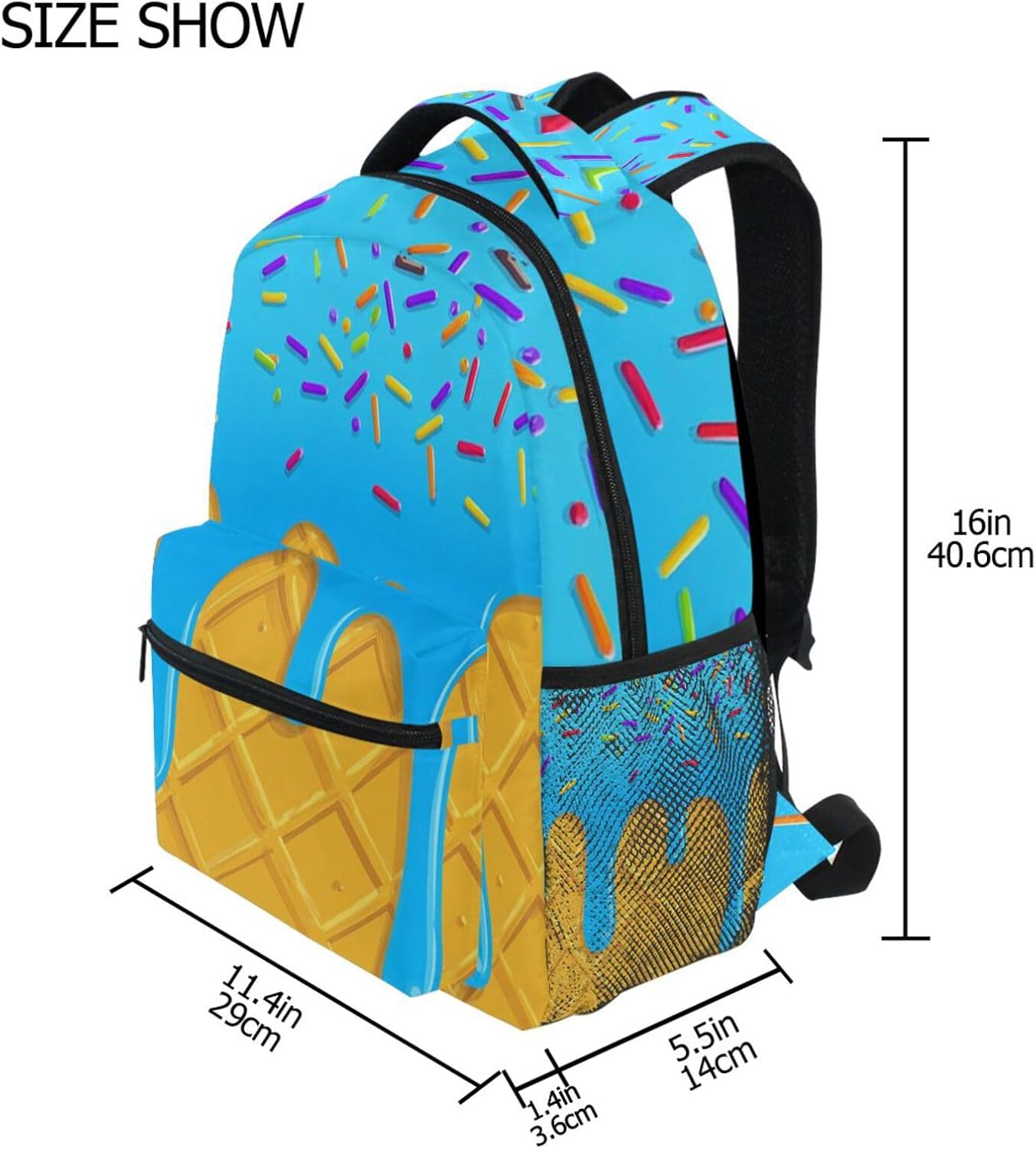 QUGRL Ice Cream Blue Summer Backpack for School Girls Boys Waffle Large Bookbag Laptop Computer Hiking Travel Bag Casual Daypack Elementray Schoolbag for Teens Adult 16 Inch