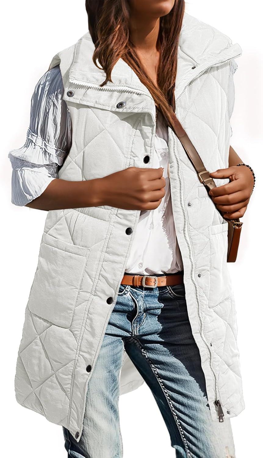 Dokotoo Women's Casual Winter Long Puffer Vest Stand Collar Sleeveless Puffy Jackets Coat with Pockets