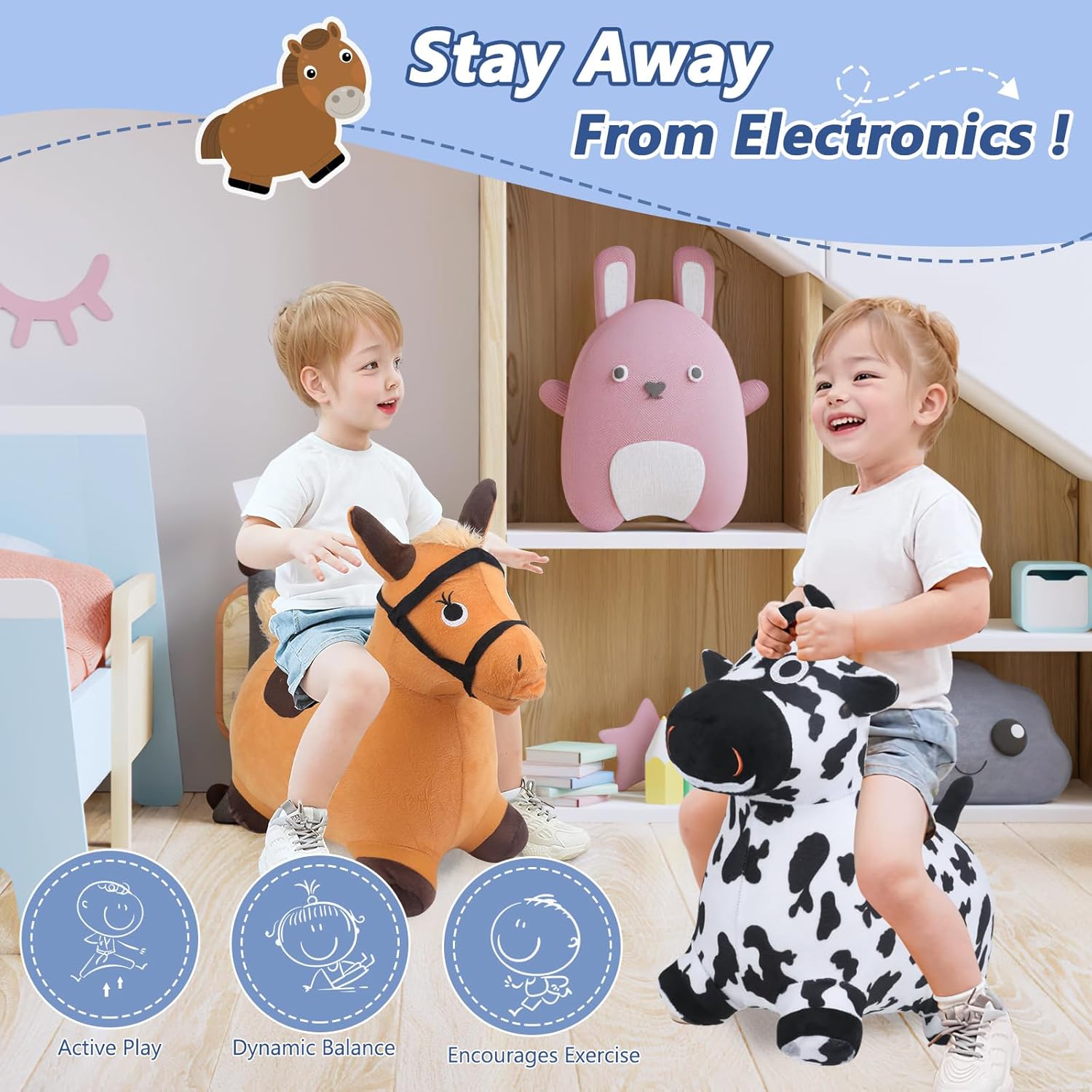 Bouncy Hopper Cow & Horse 2 PCS, Inflatable Hopping Outdoor Ride on Bouncy Animal Play Toys with Pump, Birthday for Kids, Toddlers, Boys, Girls 3 4 5 6 Years Old