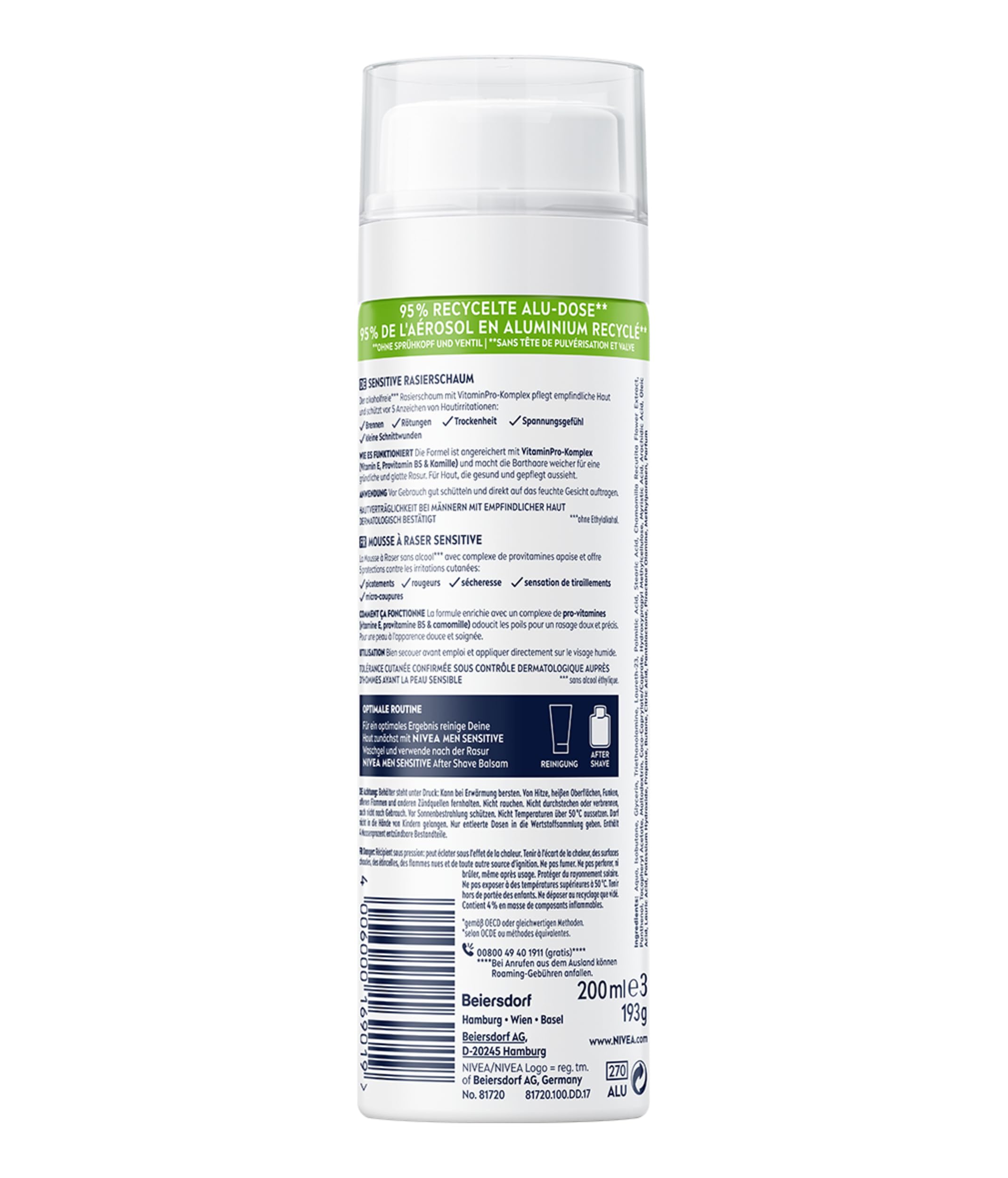 Nivea Men Sensitive - Schiuma da barba da uomo, 200 ml, con estratto di camomilla e vitamina E, per una rasatura delicata, formula protettiva contro le irritazioni cutanee