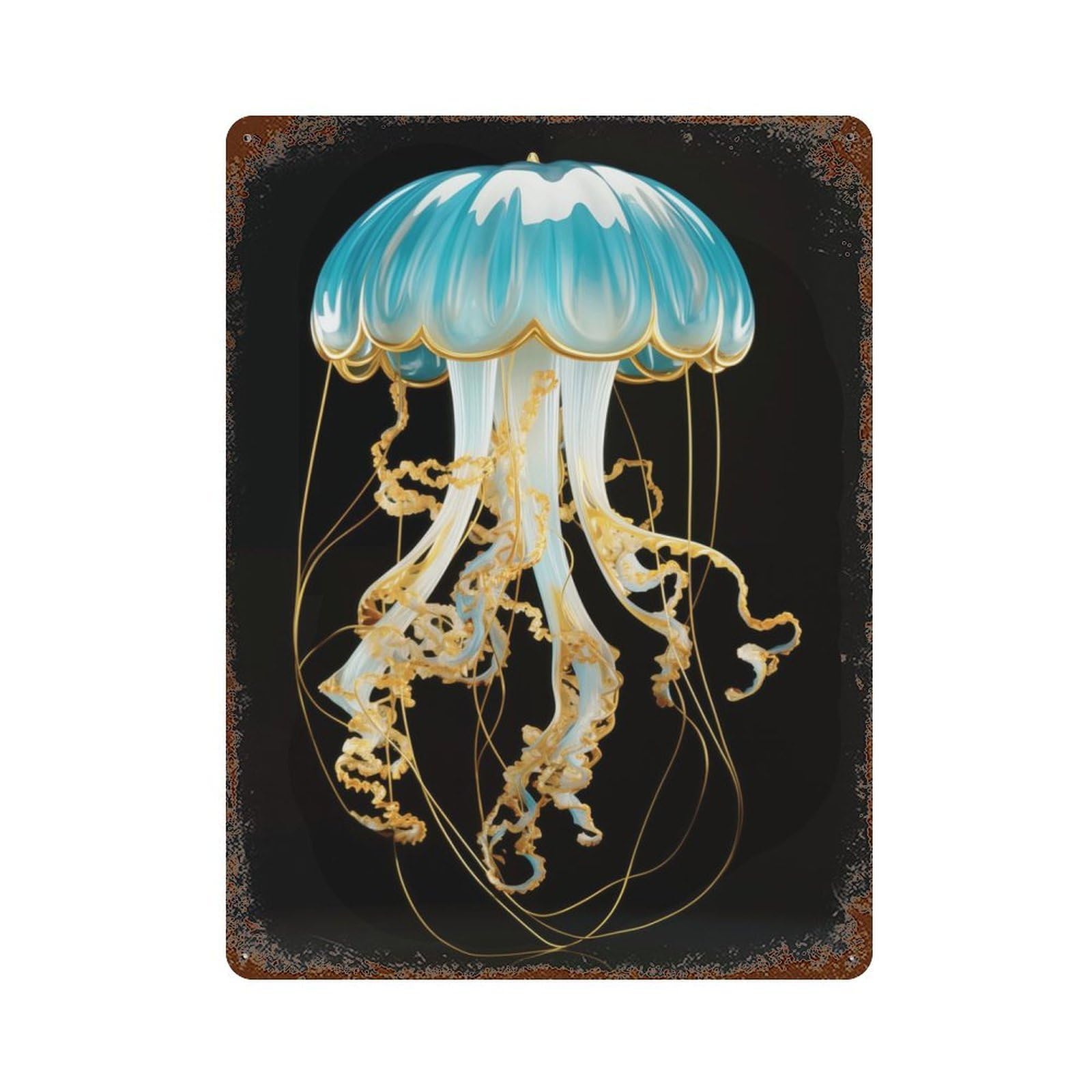 Vintage Rust Metal Sign Glass Jellyfish Sculpture 15.7"x11.8", Decorative Metal Wall Art for Basement, Hobby Room And Garage Decor