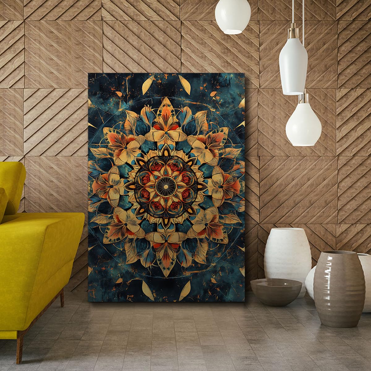 TOANGWALL Kwiatowy plakat mandali na płótnie sztuka ścienna obrazy ścienne płatki pomarańczowo-zielony kwiat geometryczny obraz do dekoracji kuchni jadalni 80 x 120 cm