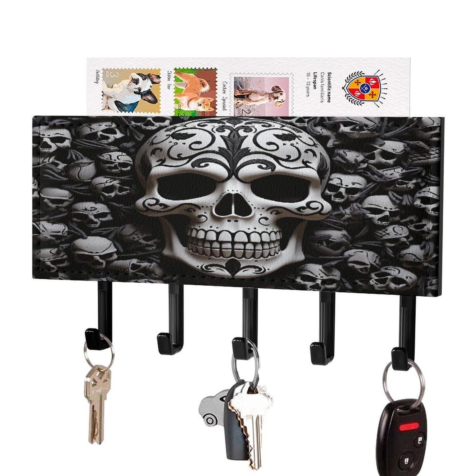 Fekiloot Black-Style Black And White Skulls Key Holder Wall Mount Key Hanger With 5 Hooks Decorative Key Rack Hanging Key Hooks With Mail Organizer Key Holder For Wall Living Room Kitchen Bathroom Hallway Black