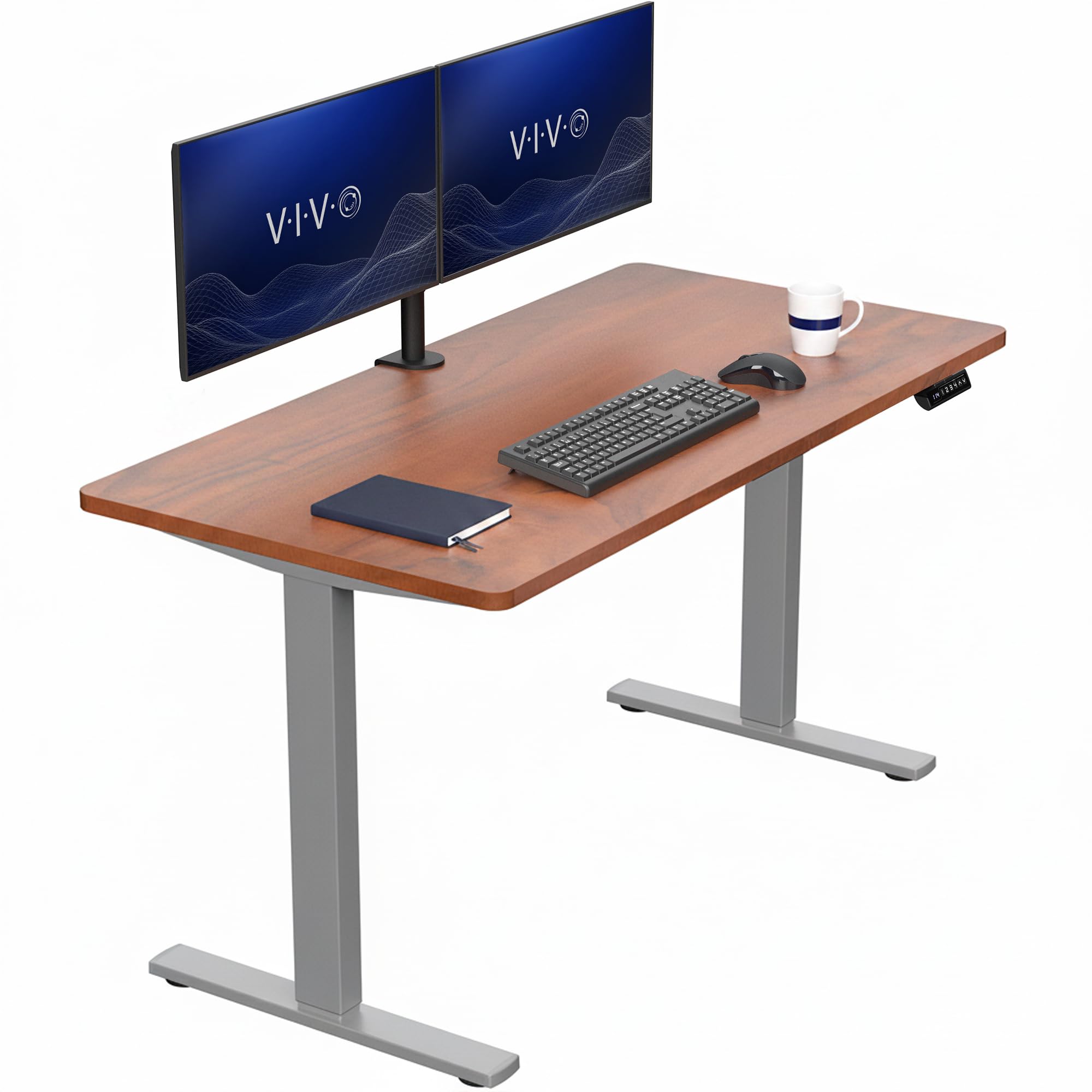VIVO Dark Walnut 55 x 28 in Standing Desk, DESK-KIT-1G55D | Electric, Holds 220 lbs, Sit Stand, Height Adjustable, Solid One-Piece Table Top, Memory Presets, 1B Series, Gray Frame