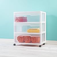 Vista 2 de 3 Drawer Wide Plastic Storage Cart with Clear Pull-Out Drawers & 4 Wheels - Medium Home Organization Container for Classroom Bathroom Dorm Bedroom